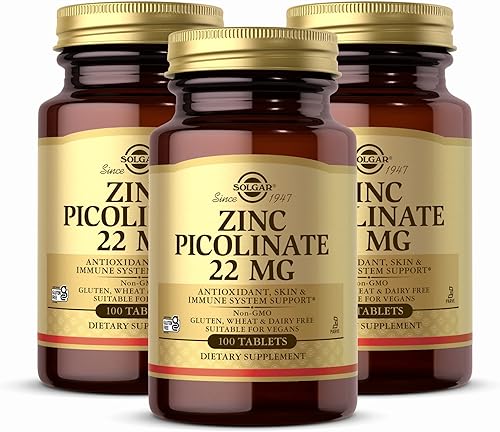 Solgar Picolinato de zinc 22 mg 100 comprimidos  Pack de 3  Antioxidante Apoyo para la Piel e Inmunológico  Sin OMG Vegano Sin gluten Lácteos Kosher