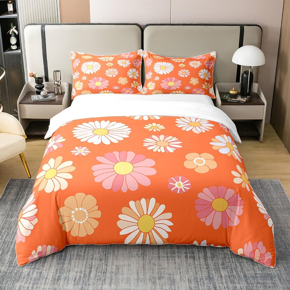 jejeloiu 60S 70S Groovy Duvet Cover 100% Cotton Queen Size Retro Hippie Flower Comforter Cover Set for Vintage Boho Plant Floral Bedding Cotton Duvet