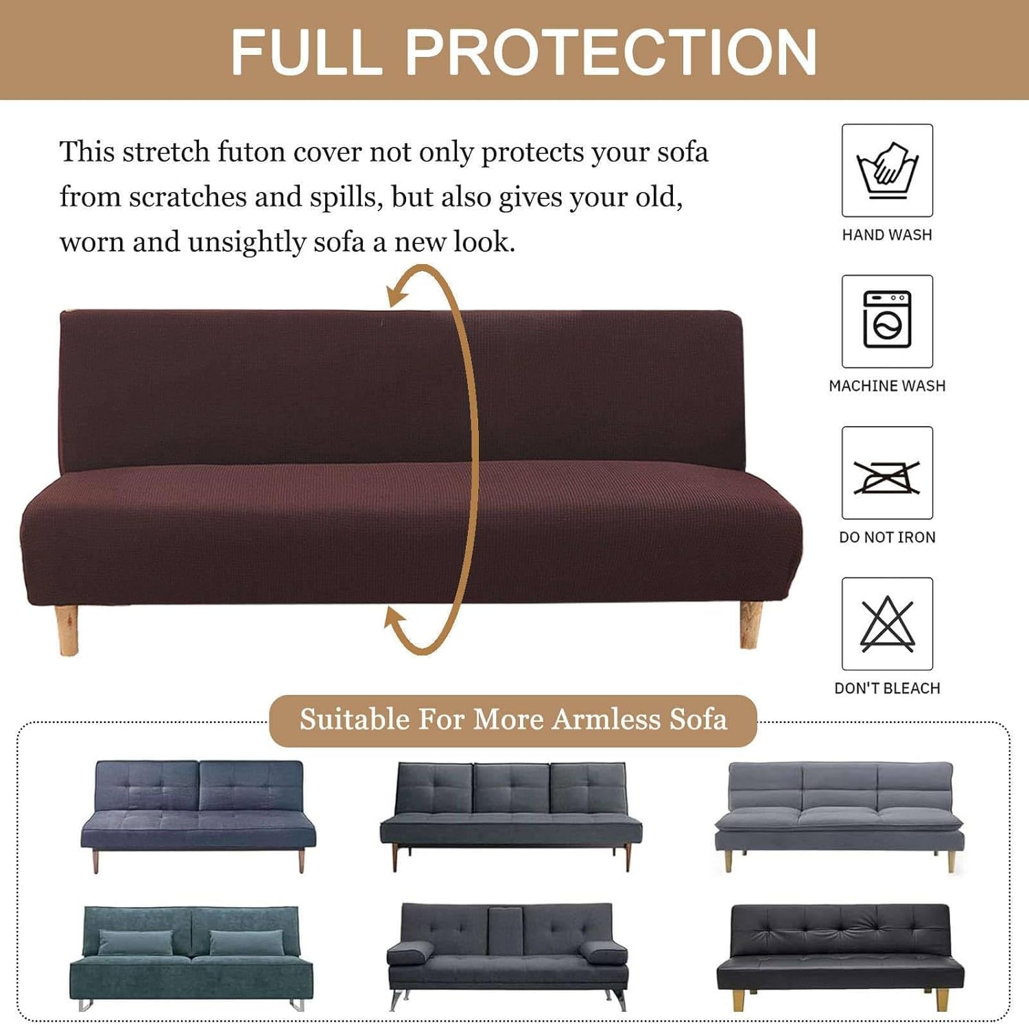 布団カバー、ストレッチ布団スリップカバー スパンデックス ゴム底 取り外し可能なアームレスソファカバー 洗える家具プロテクター-ディ