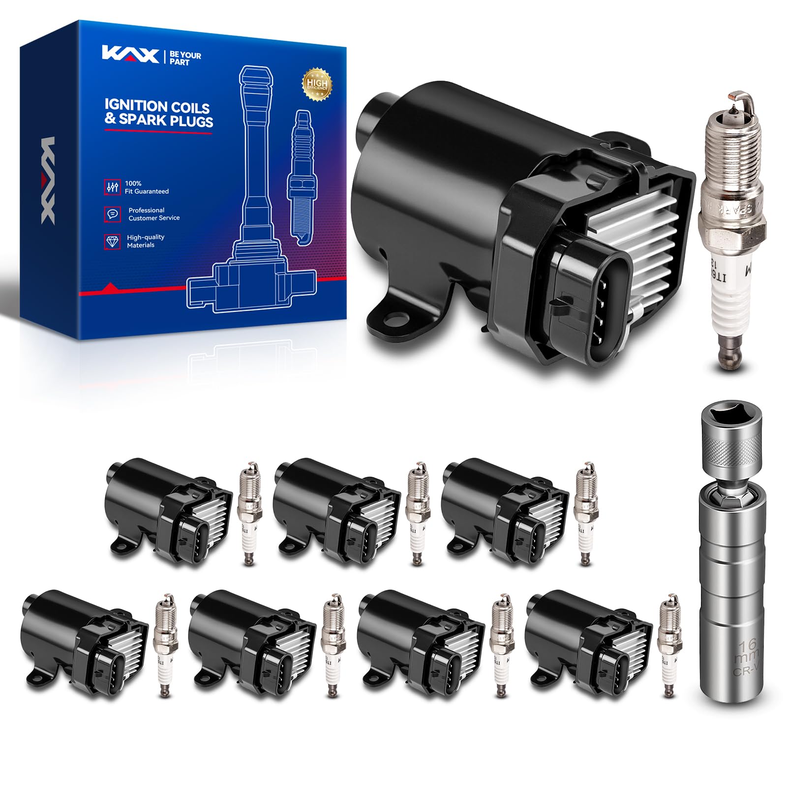 KAX 8 Ignition Coils &amp; 8 Spark Plugs Kit for Chevy Avalanche Express