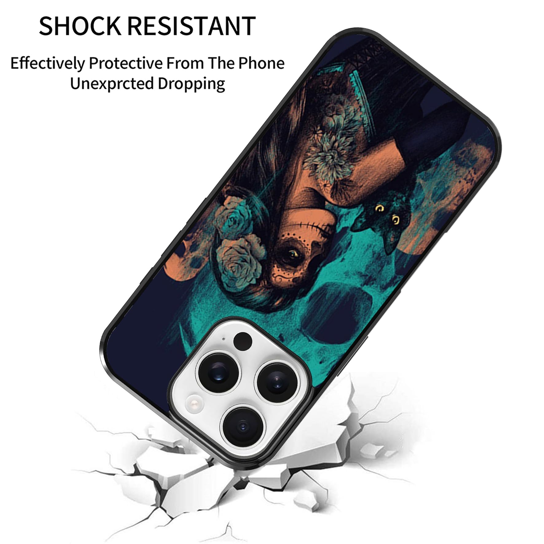 Funda para iPhone 16 Pro – Día de los Muertos, diseño de gato negro y calavera – TPU protección de absorción de golpes