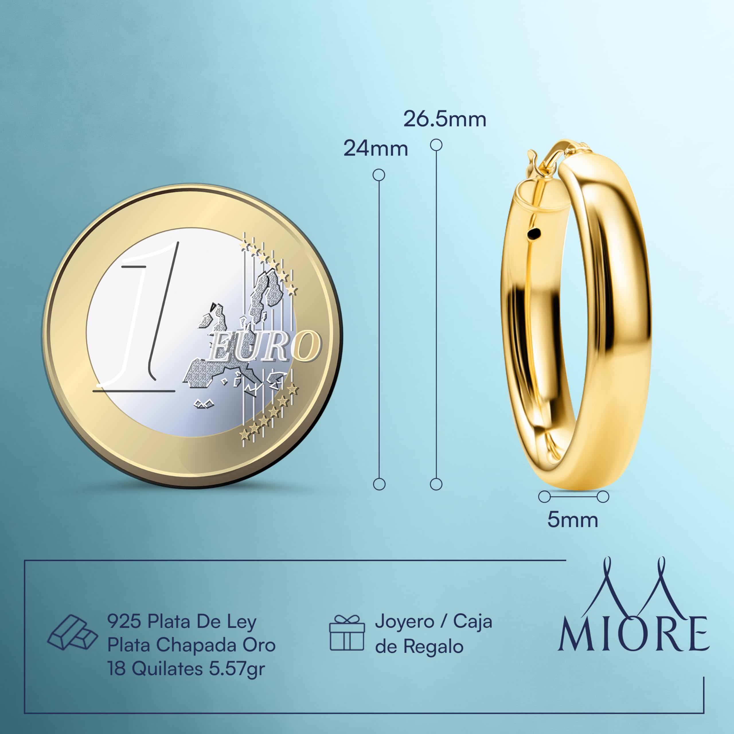 Miore Pendientes Mujer de Plata de Ley 925 Bañados en Oro de 18K 750 de 26mm, Aros Redondos de 18 Quilates 750 de 16mm, Hechos a Mano en Italia, Joyas Dorados con Joyero
