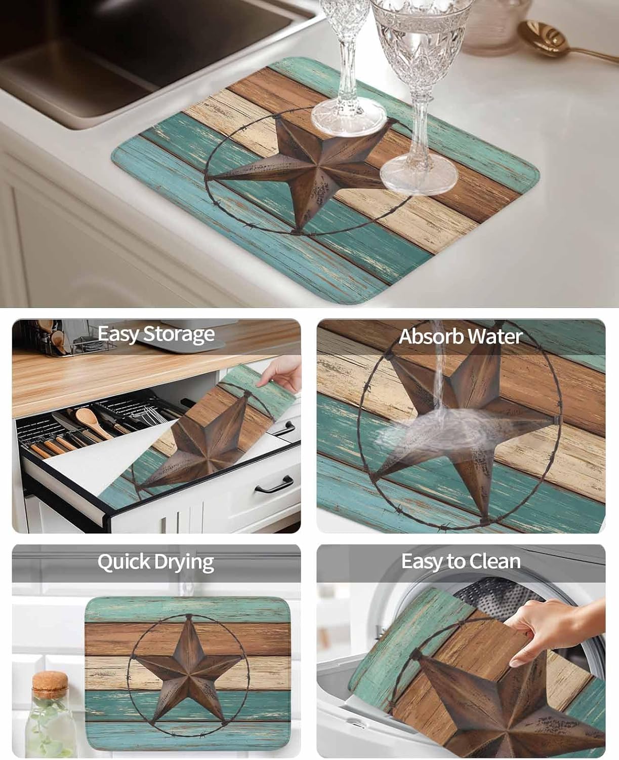 Brown Farmhouse Texas Star Dish Drying Mats for Kitchen Counter Set of 2, Vintage Wood Texture Absorbent Dish Drainer/Rack Mat,Hangding Quick Drying kitchen Mat,18x24inch Machine Washable