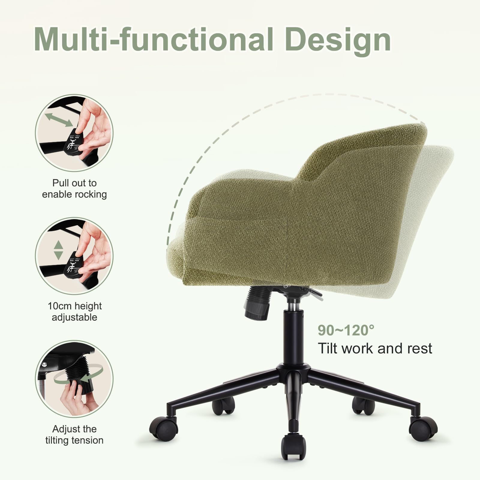 IWMH Bürostuhl,Schreibtischstuhl,Modern Homeoffice Stuhl mit Seitentasche | Höhenverstellbarer Schminkstuhl, Drehstuhl für Arbeitszimmer, Schlafzimmer und Dressingraum (Grün)