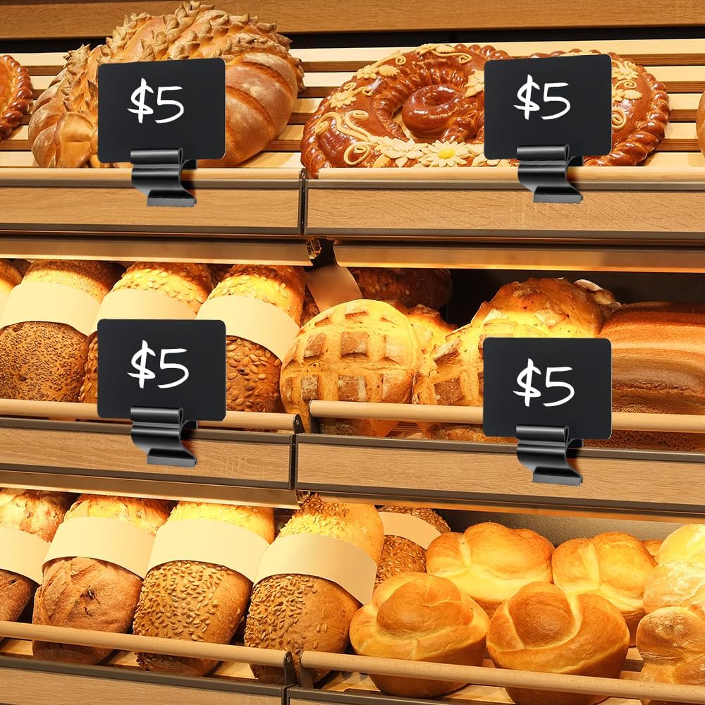 50 Stück schwarze Schild-Etiketten, Kreidetafel-Schilder, Clip für Lebensmittel, Kunststoff, Lebensmitteletikettenhalter, Buffet-Preisschild-Halter für Geschäft, Geschäft, Supermarkt