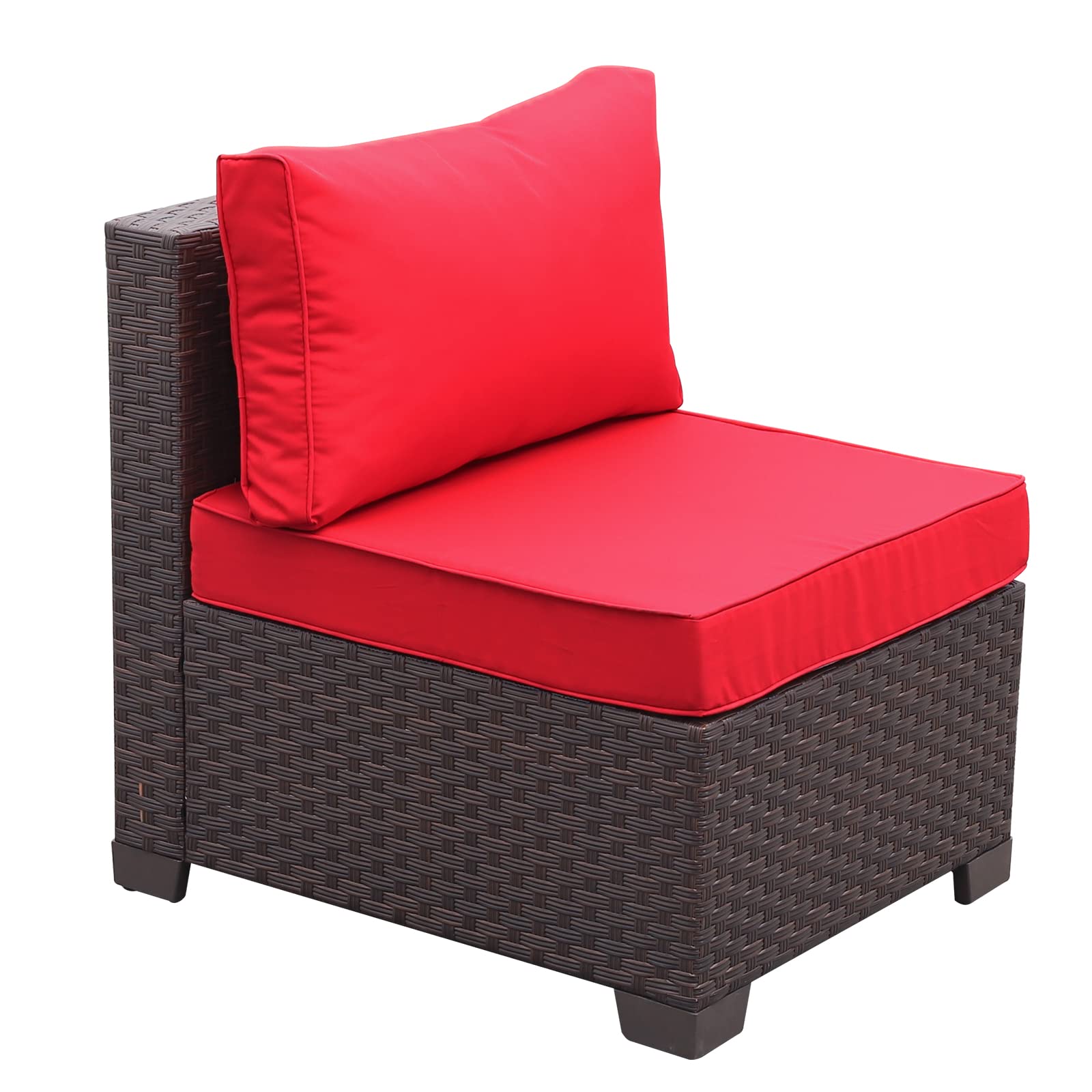 WAROOM Outdoor PE Wicker Patio Furniture Set Clearance 2 Piece Armless Chair Brown Rattan Sofa with Red Cushions