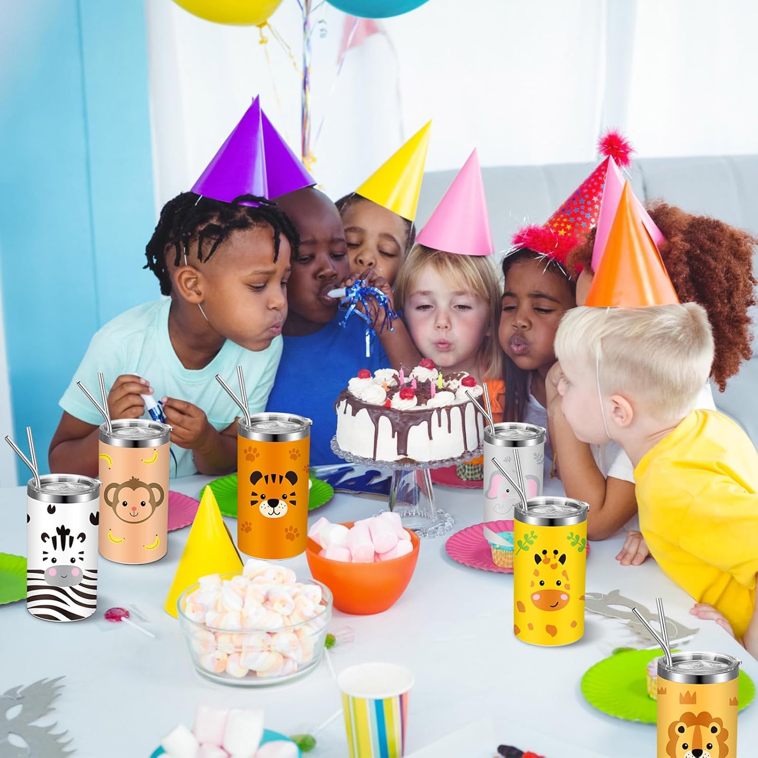 Skylety 6 Packs Safari Jungle Animal Cups Bulk 20 oz Safari Tumblers Animal Decorations Cups with Lid Straw for Baby Shower Birthday Zoo Party Favors Gifts Classroom Prizes