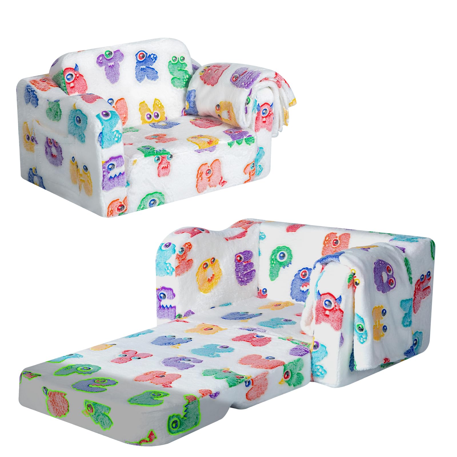 MeMoreCool Glow in The Dark Alphabet Kids Couch Sofa – Soft Plush Folding Toddler Chair and Comfy Recliner for Boys and Girls