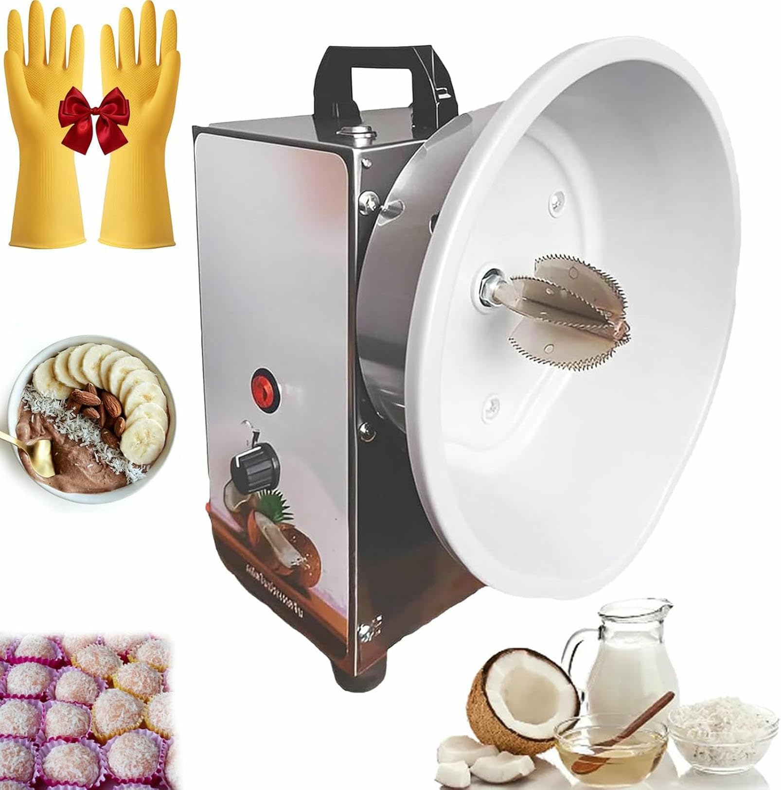 Electric Coconut Grater Machine, 3 Speeds Adjustable Vertical Coconut Processing Grinder Shredder with Blade Dust Cover & Handle, Coconuts Meat Removal Tool