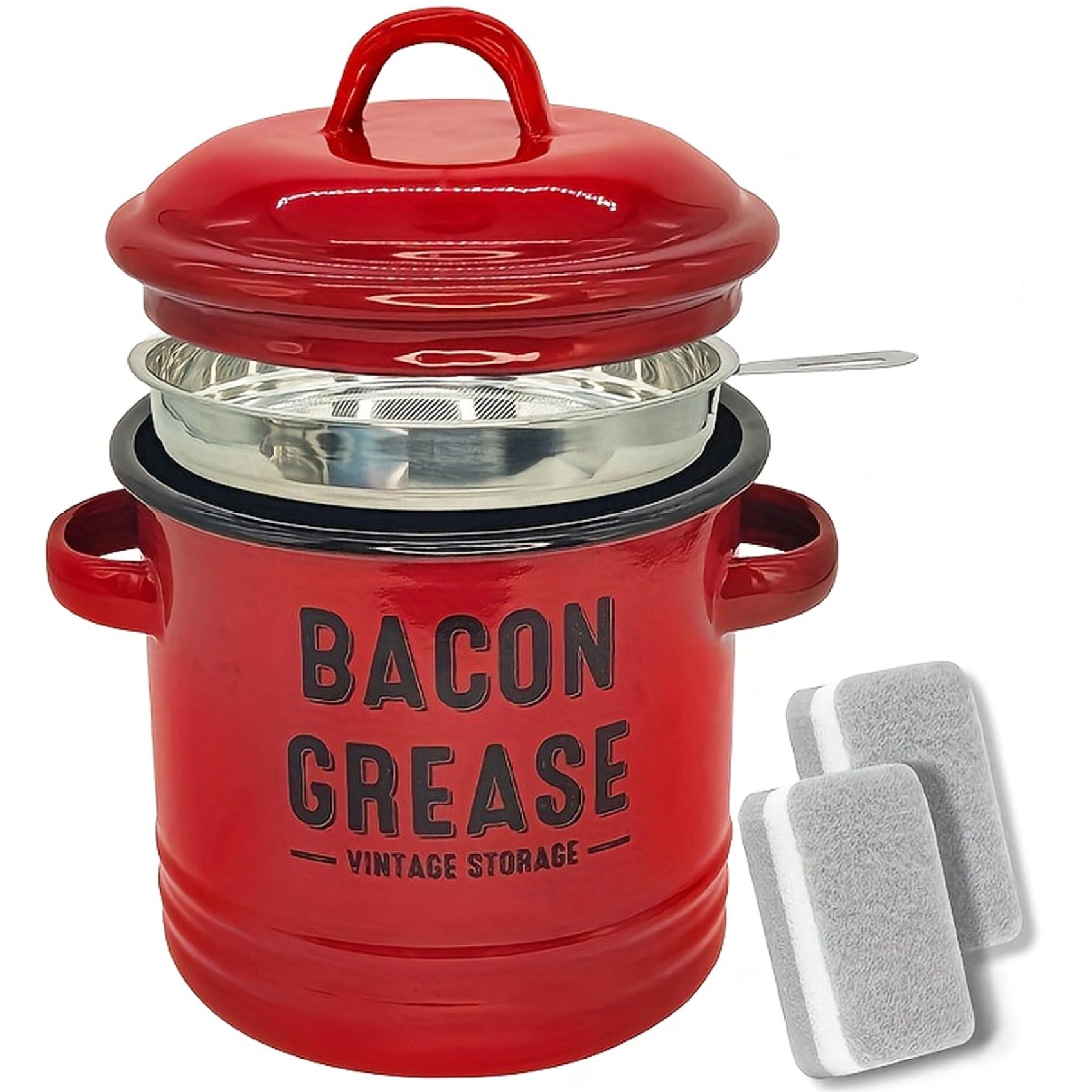 Tsawntd Bacon Grease Container Enamel Bacon Grease Saver with Strainer & Spatula Oil Can for Cooking Frying, Baking, Fat Storage Jar, Dishwasher Safe Red Saver with Strainer