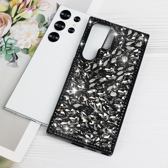 Compatible with Samsung Galaxy S25 Ultra Glitter Case 3D Glitter Sparkle Bling Case Crystal Rhinestone Diamond Bumper Clear Gems Cute Protective Girly Case for Galaxy S25 Ultra, Black