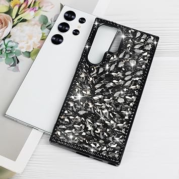 Compatible with Samsung Galaxy S25 Ultra Glitter Case 3D Glitter Sparkle Bling Case Crystal Rhinestone Diamond Bumper Clear Gems Cute Protective Girly Case for Galaxy S25 Ultra, Black