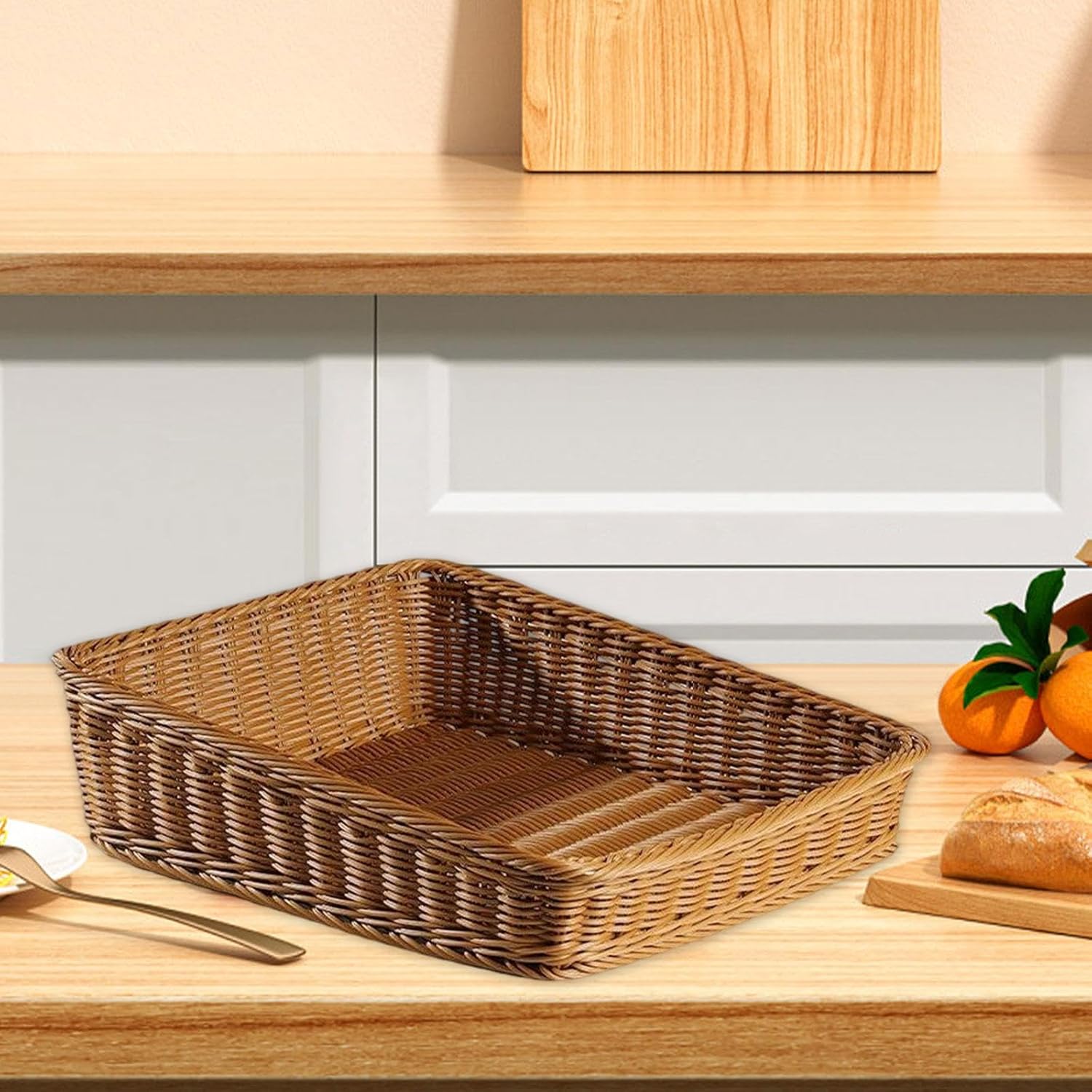Large Bread Basket for Serving - 17.7x14.6x5.1 Inch Woven PP Storage Basket, Counter Organizer for Fruit, Vegetables, Bread, Kitchen & Home