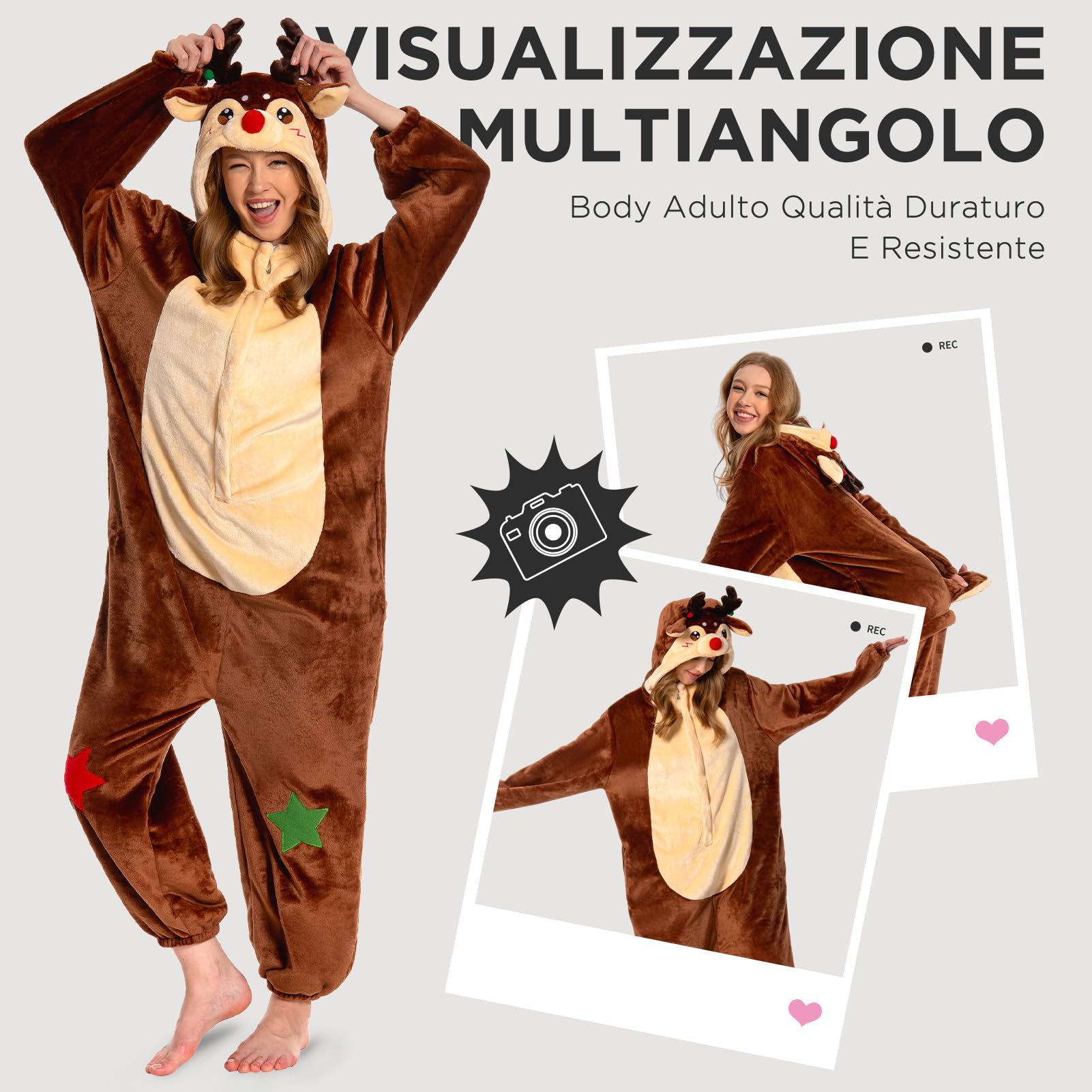 OLAOLA Tuta Intera Adulti Renna Pan di Zenzero Natalizia, Peluche Unisex Morbido per Carnevale, Natale, Halloween
