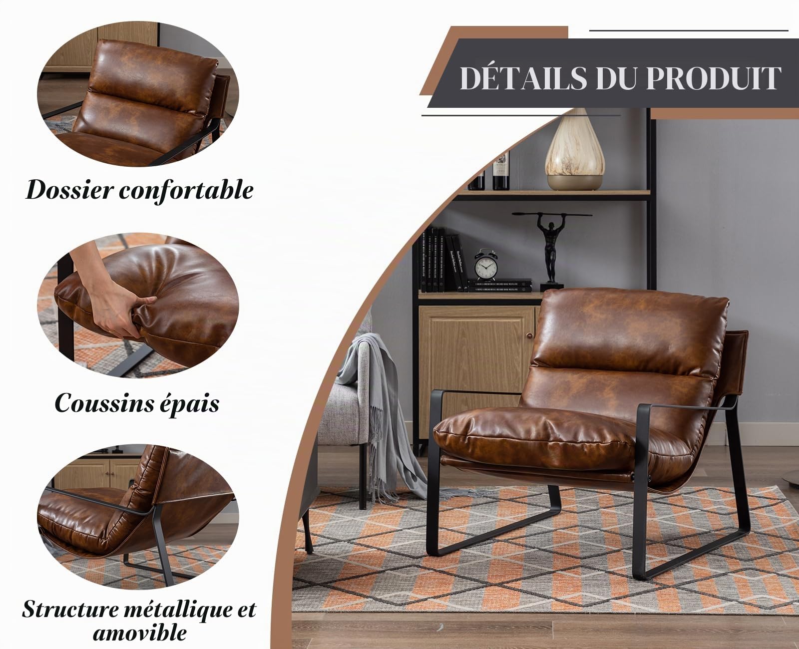 Ya-Home Fauteuil de Salon Moderne en Cuir PU, Marron
