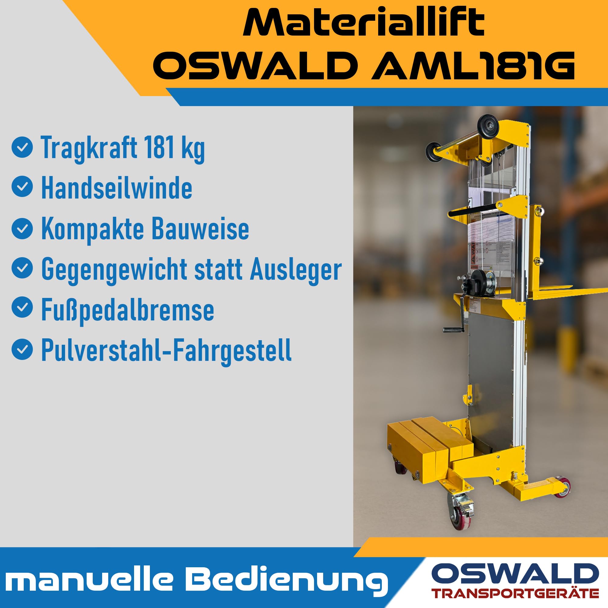 Materiallift AML181G mit Gegengewicht - 181 kg Tragkraft - 2.500 mm Hubhöhe - Handstapler