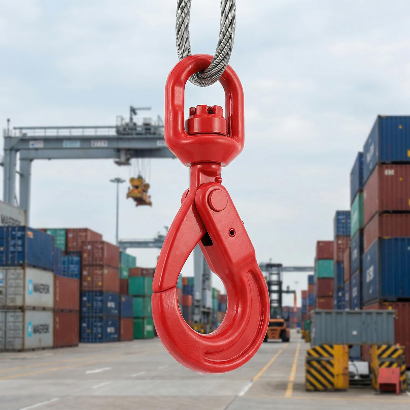 2 ganci autobloccanti girevoli rossi da 2 tonnellate, gancio girevole in acciaio legato di grado 80, gancio di sollevamento girevole da 2000 kg per costruzione di navi industriali