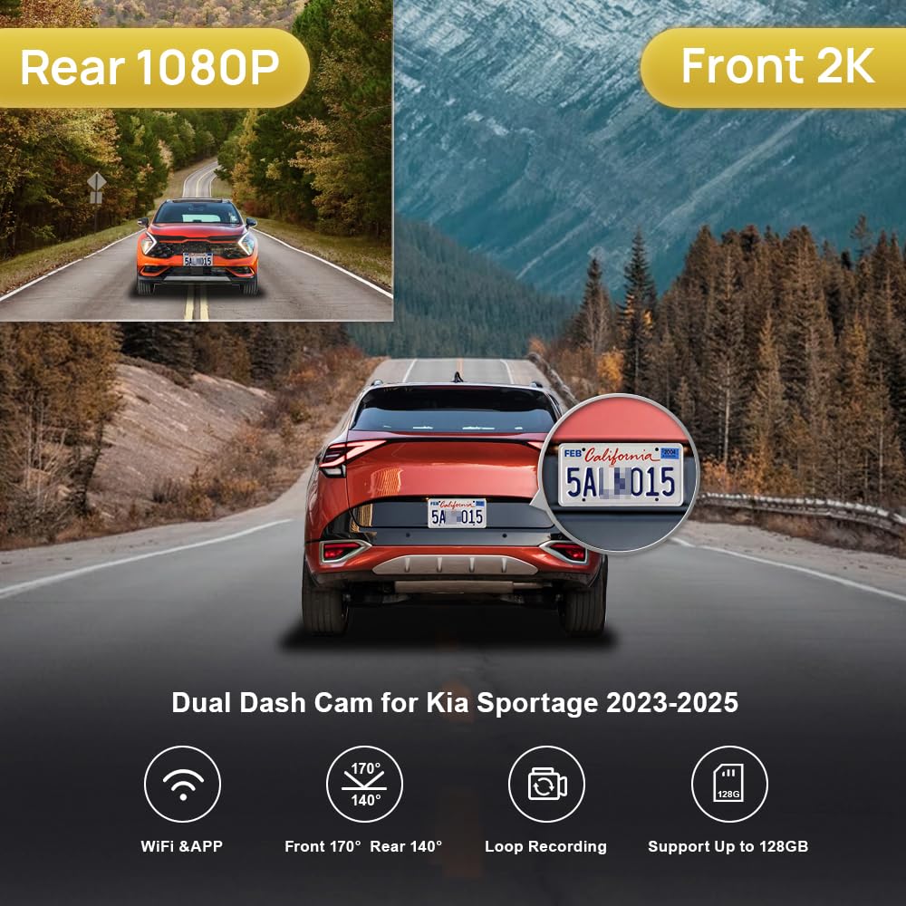 Fitcamx Dash CAM 2160P+1080P adatta per Kia Sportage 2022-2025 (5a generazione), telecamera per auto WiFi UHD 4K OEM, visione notturna, registrazione in loop, G-Sensor, WDR, 128 GB