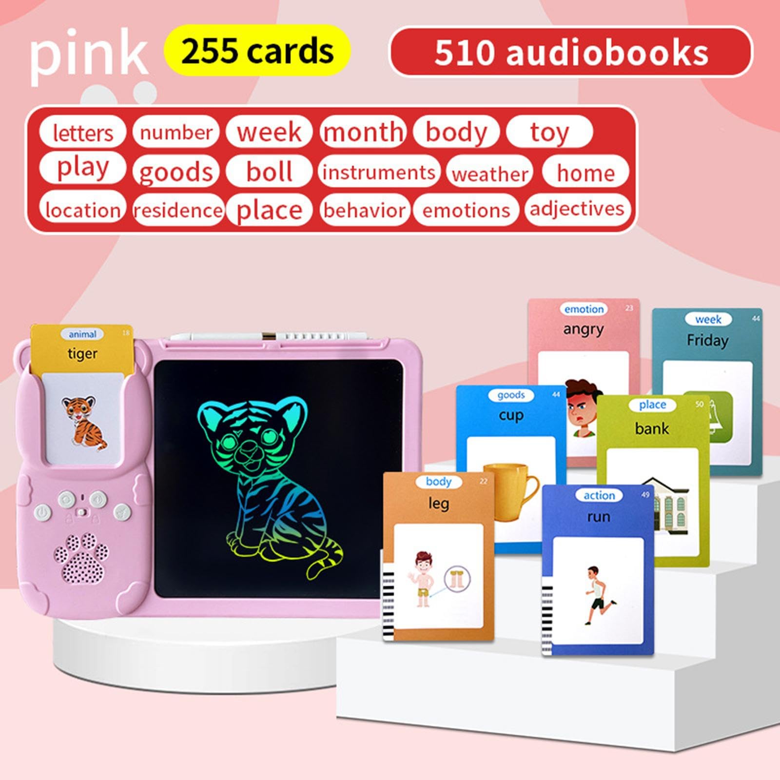 Qianly Tablet Interattivo per L'apprendimento Dei Bambini con Riconoscimento Vocale E Tavoletta Grafica, Rosa con 255 carte, Taglia unica