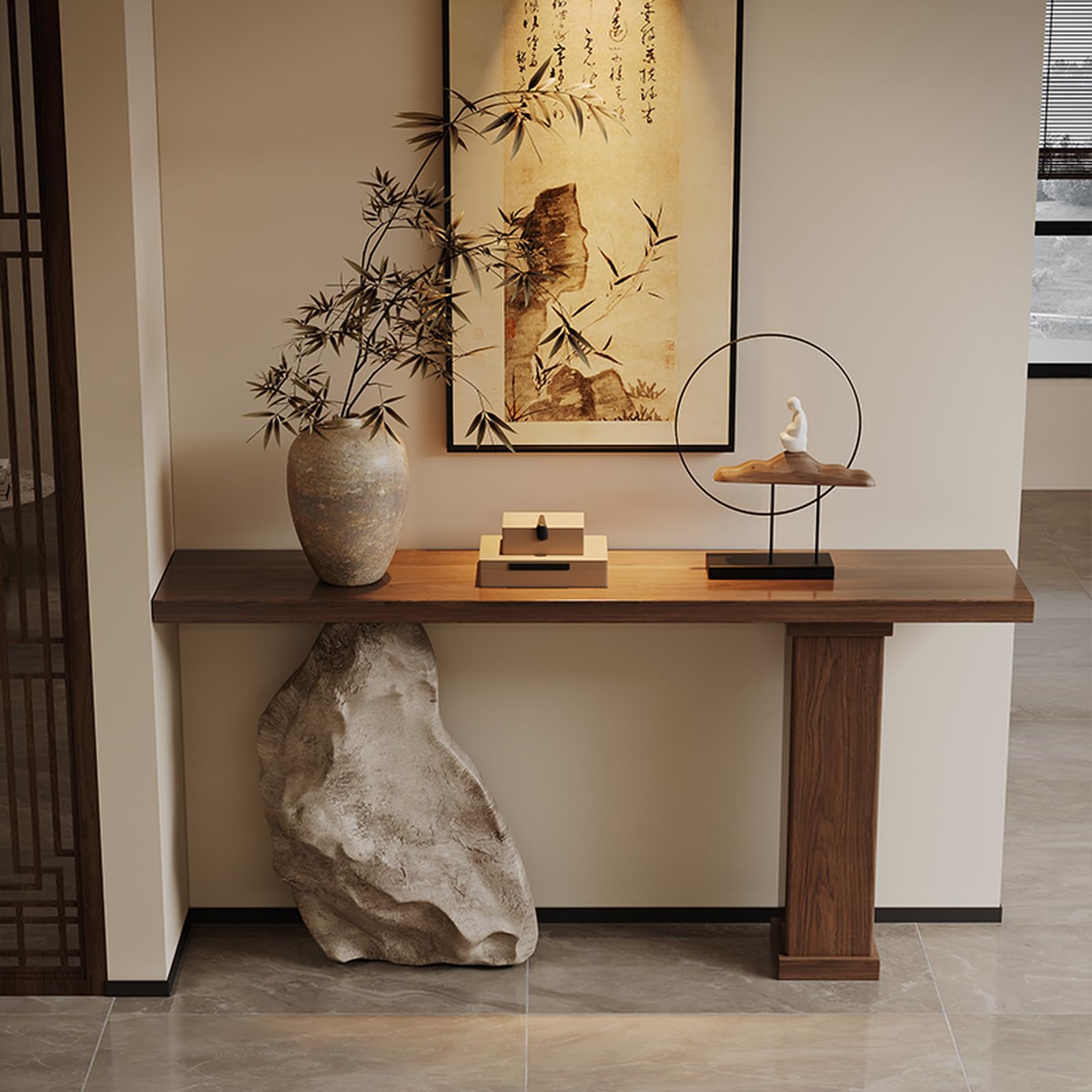 MESCXTY Solid Wood Console Table with Faux Stone Base, Narrow Long Behind Couch Modern Decorative Accent Entryway for Living Room, Hallway, Entryway, 47"