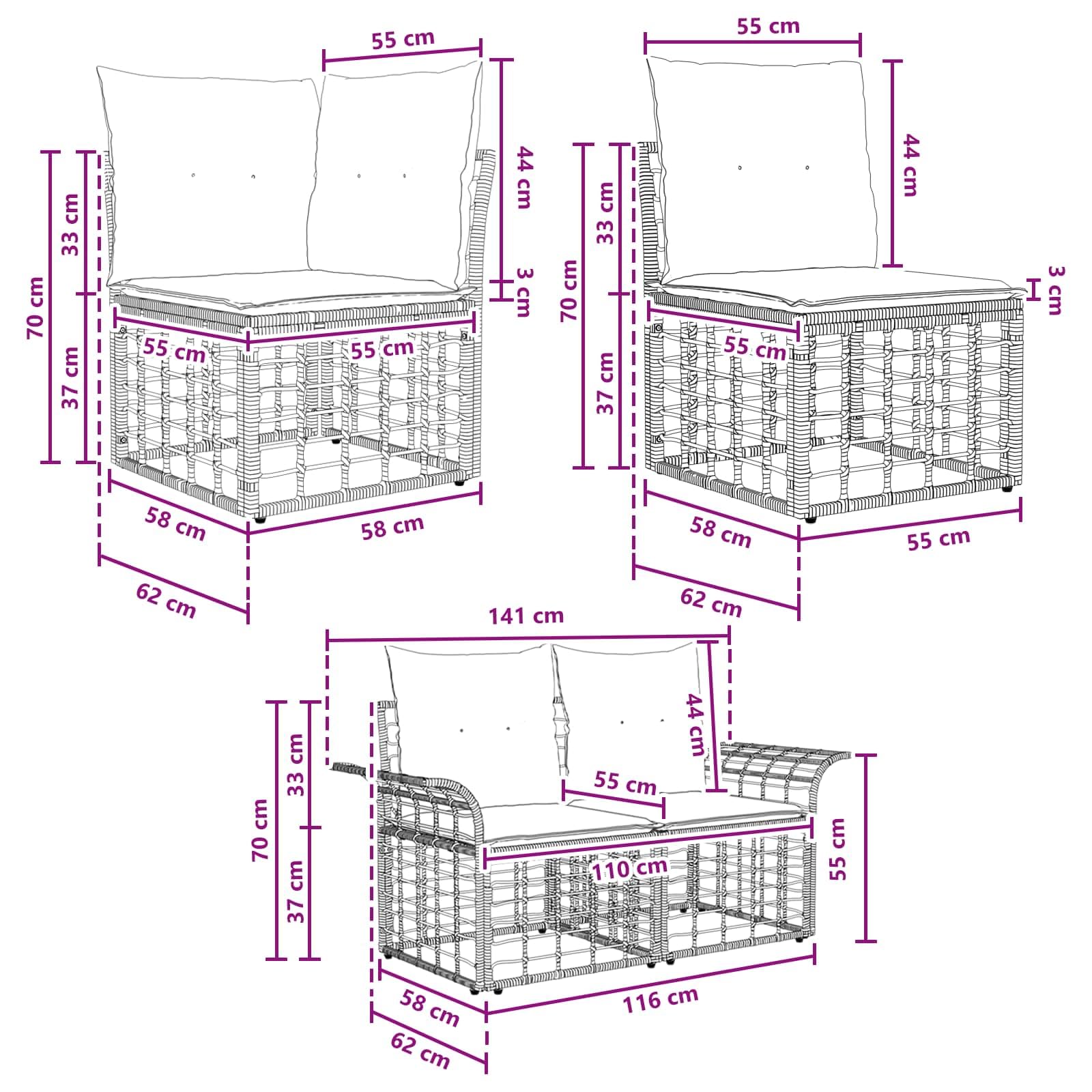 Juego de 10 sofás de exterior modulares de jardín de polirratán con marco de acero, conjunto de asientos para terraza y jardín, incluye cojines, color natural y crema