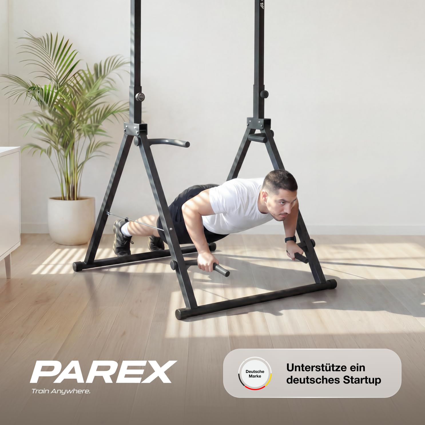 Parex Klappbarer Power Tower – 4-in-1 Klimmzugstange freistehend & Dip Station, Höhenverstellbare Kraftstation für Home Gym & Calisthenics, Platzsparender Kraftturm belastbar bis 150kg, Schwarz