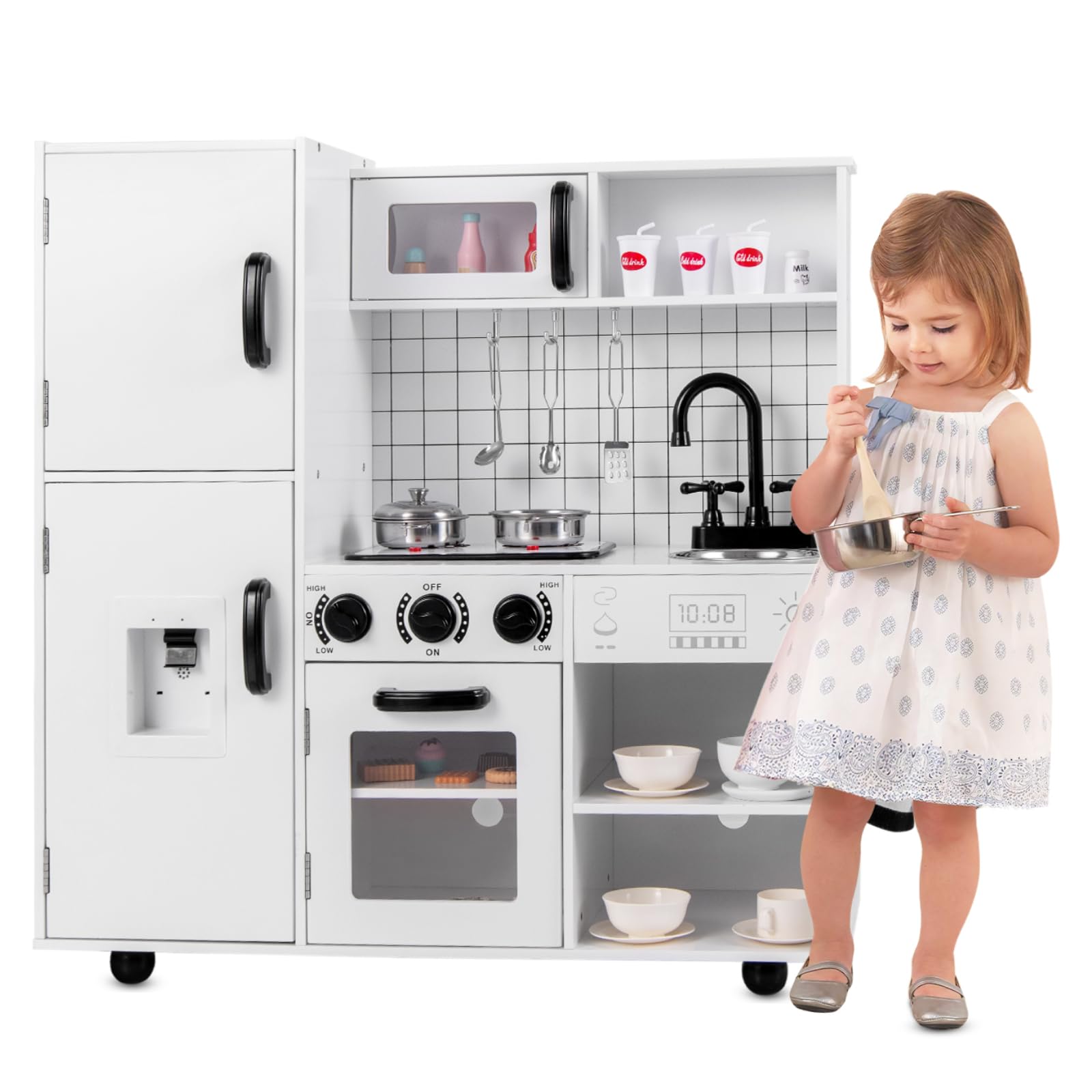 Maxmass Kids Wooden Kitchen, Large Children Pretend Role Play Kitchen with Lights & Sounds, Realistic Oven, Microwave, Water Dispenser, Utensils, Toddler Toy Kitchens for 3+ Years Old (White+Black)