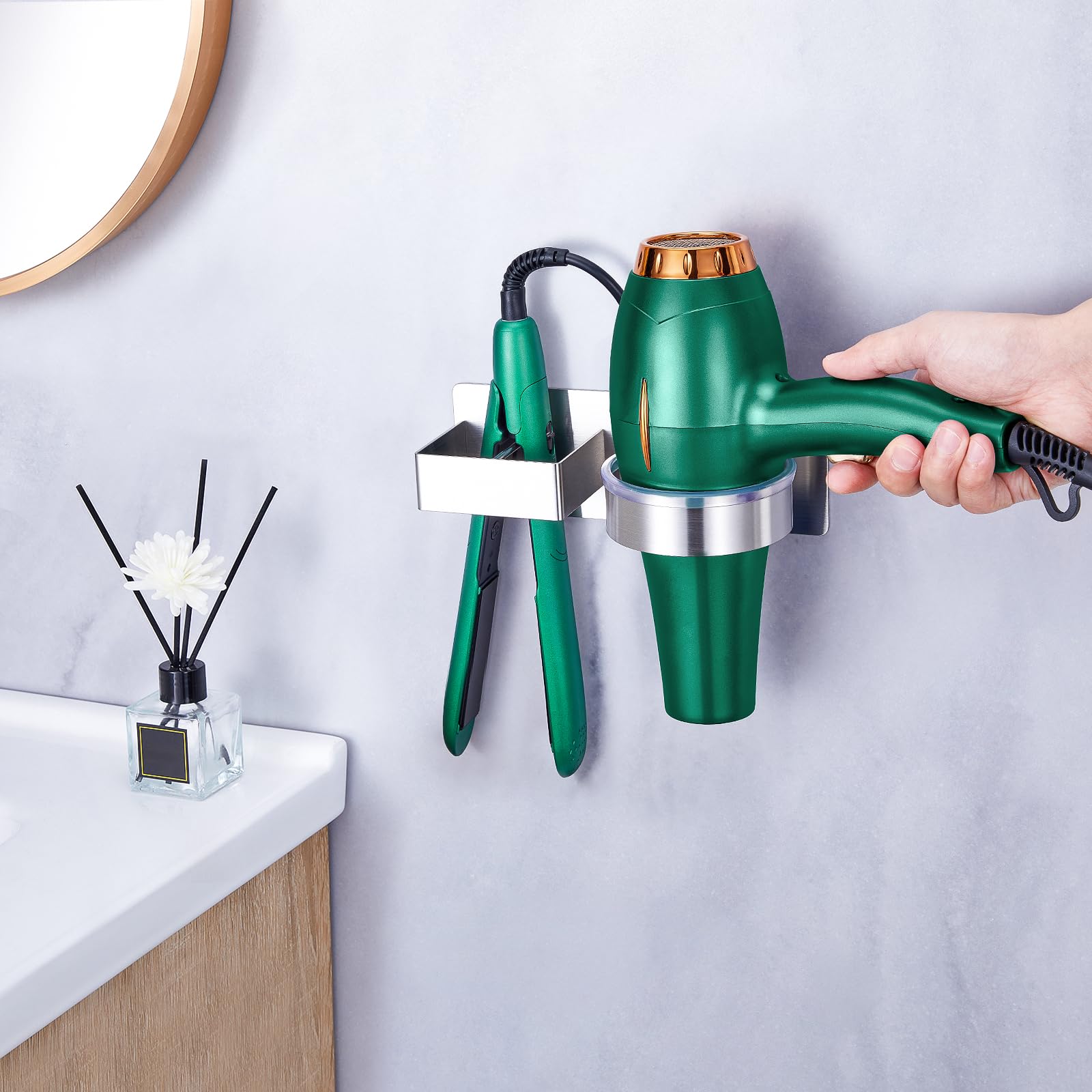 Appendi Phon Bagno, Porta Piastra per Capelli, Porta phon da Muro Senza Foratura, Supporto per asciugacapelli e Piastra lisciante Autoadesivo, Supporto da Parete (Argento)