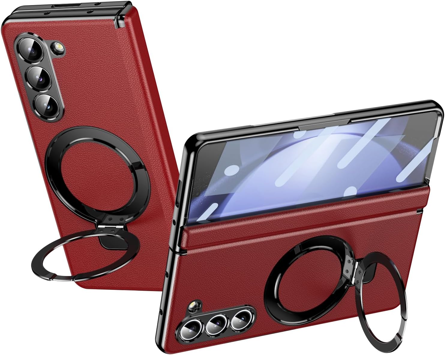 Magnetic Stand for Samsung Galaxy Z Fold 5 Case with Ring Holder, Compatible with Magsafe [Hinge Protection][Built in Screen Protector] Vegan Leather Full Body Slim Shockproof Cover, Purple