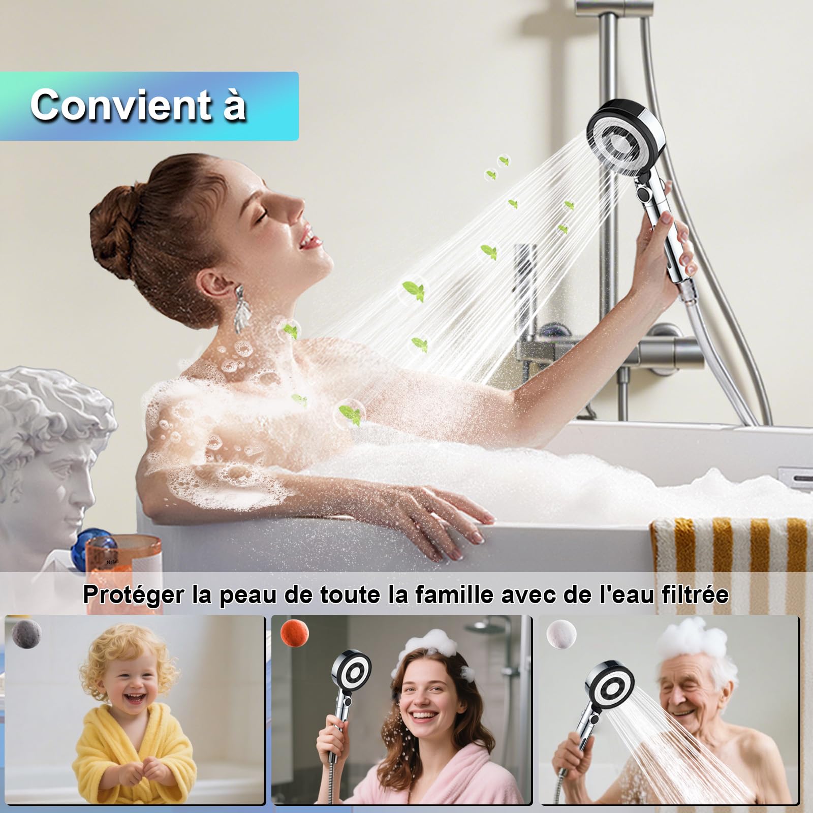 Pommeau Douche avec 4 Pp Filtres - Pommeau De Douche Haute Pression Anti Calcaire, Douchette Douche Salle de Bain avec 5 Modes de PulvéRisation, Chromé (Sans Tuyau ni Support)