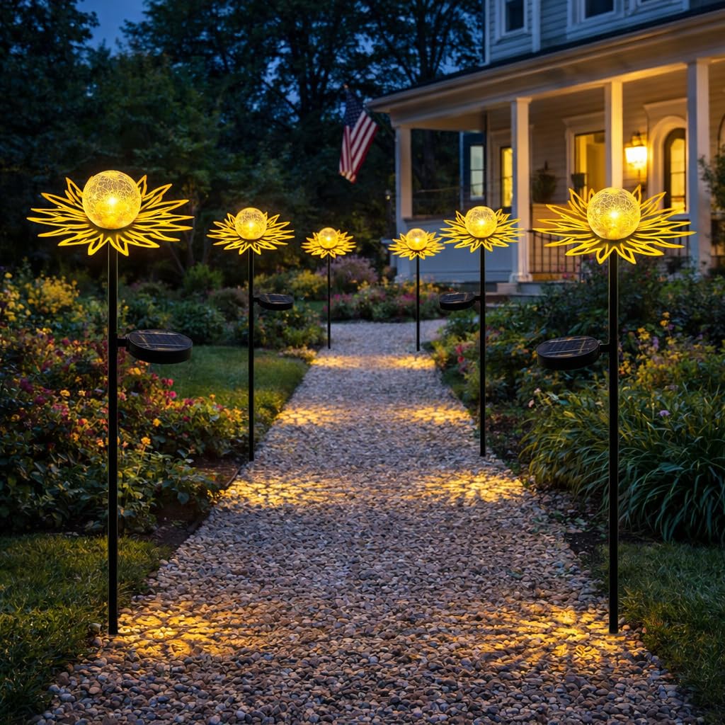 Solar-Gartenleuchten für den Außenbereich, Metall-Blumenstecker mit warmweißer Glaskugel, wasserdicht, dekorative Solar-Hofkunst für Terrasse, Rasen, Hinterhof, Weg, Gartengeschenk (Gold)
