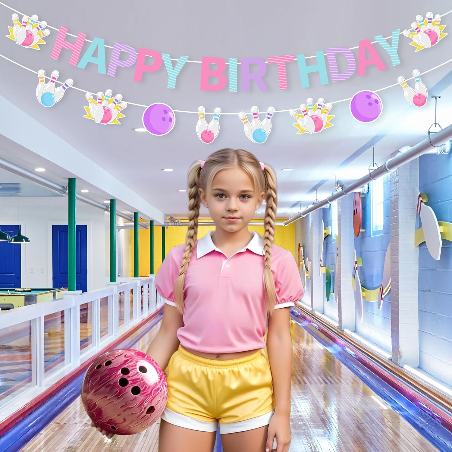 Bowling Birthday Banners Pre-strung, Pink Blue Purple Bowling Birthday Decorations for Girls, Pastel Sports Theme Party Supplies