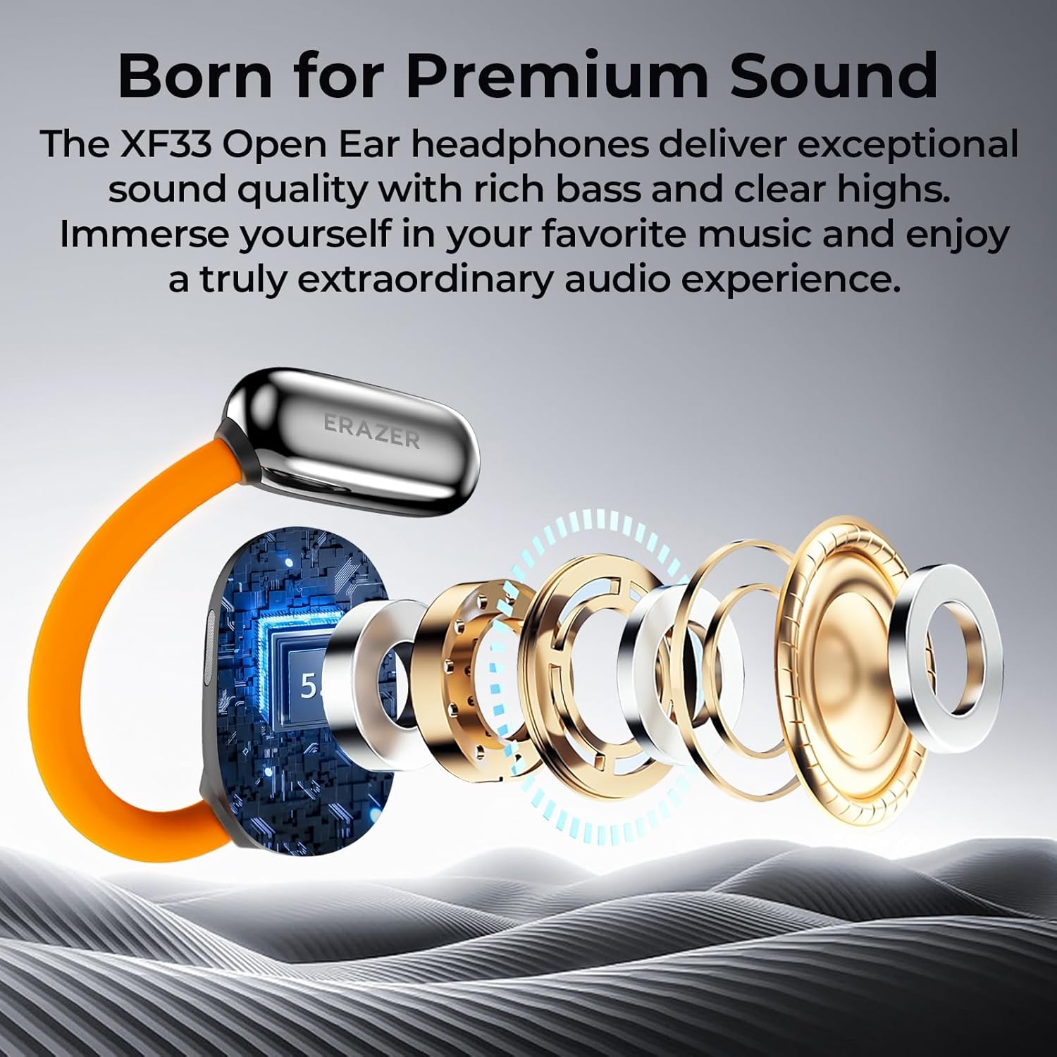 A diagram showing the internal components of the ERAZER XF33 earbud, highlighting the 16mm dynamic speakers for premium sound.
