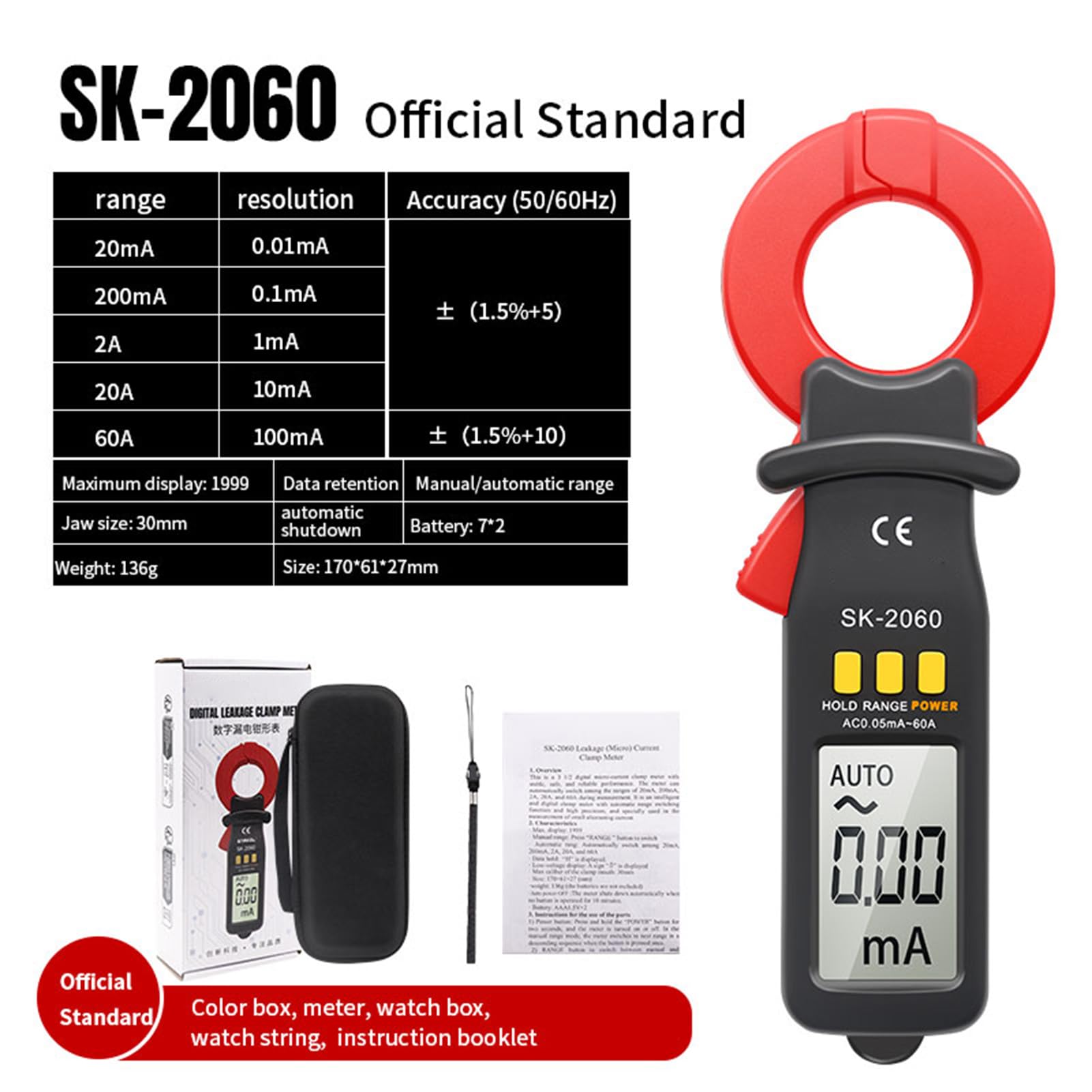 YWBL-WH Pinza Amperimétrica Digital Probador de Fugas de Corriente CA CC Rango 60A Rango Automático Microamperímetro Pinza Amperimétrica Micro Detector de Corriente con Apertura de (SK-2060 CA 0,05