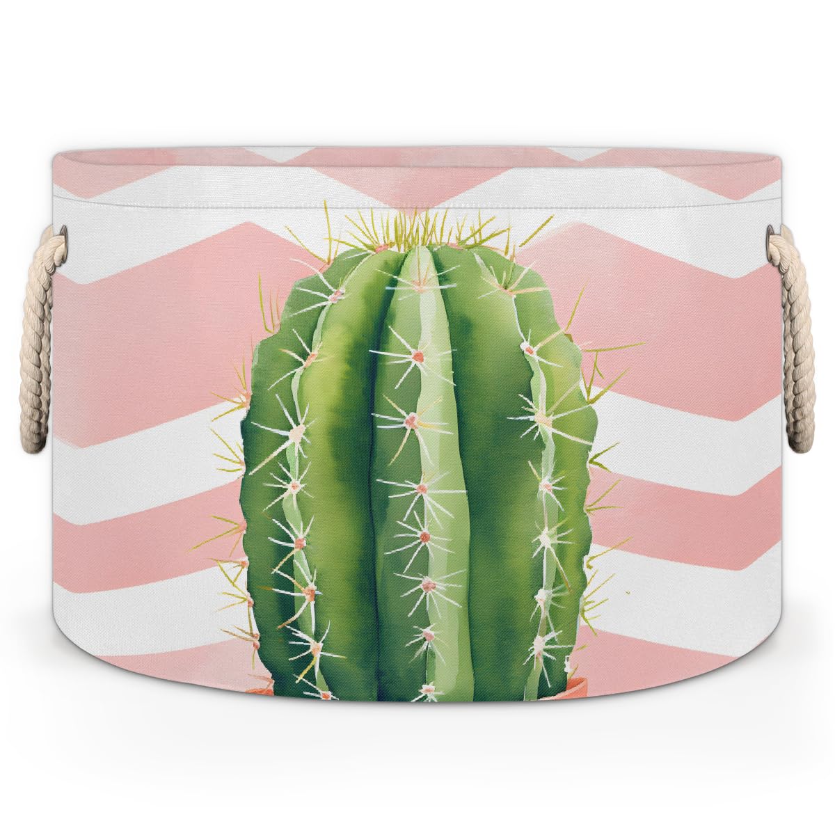 Large Collapsible Blanket Storage Basket for Gifts Empty, Cactus Chevron Round Fabric Laundry Hamper Basket, Baby Dog Toy Bins with Handle, Closet Organizer for Living Room(A-817)