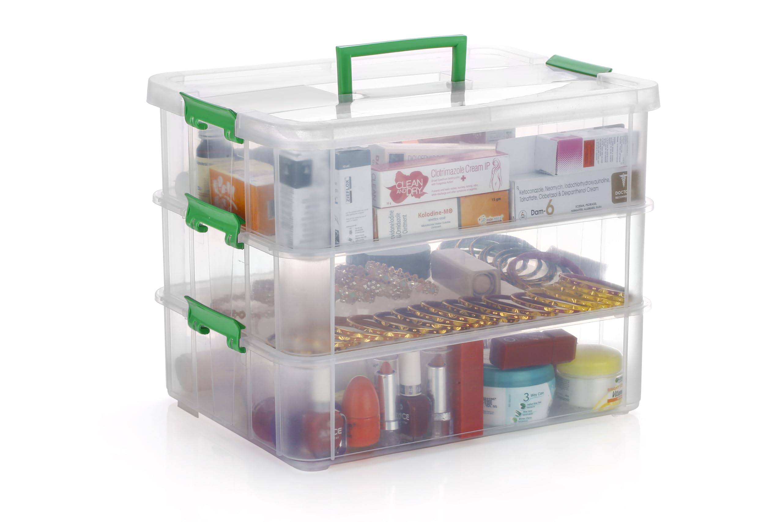 PALAK Plastic Storage Box - Transparent Rectangular Multi Utility Detachable,Portable&Stackable Space Saving Organiser With Lid For Medicine,Jewelry,Arts & Crafts,Buttons,Beads (3 Tier,Green)