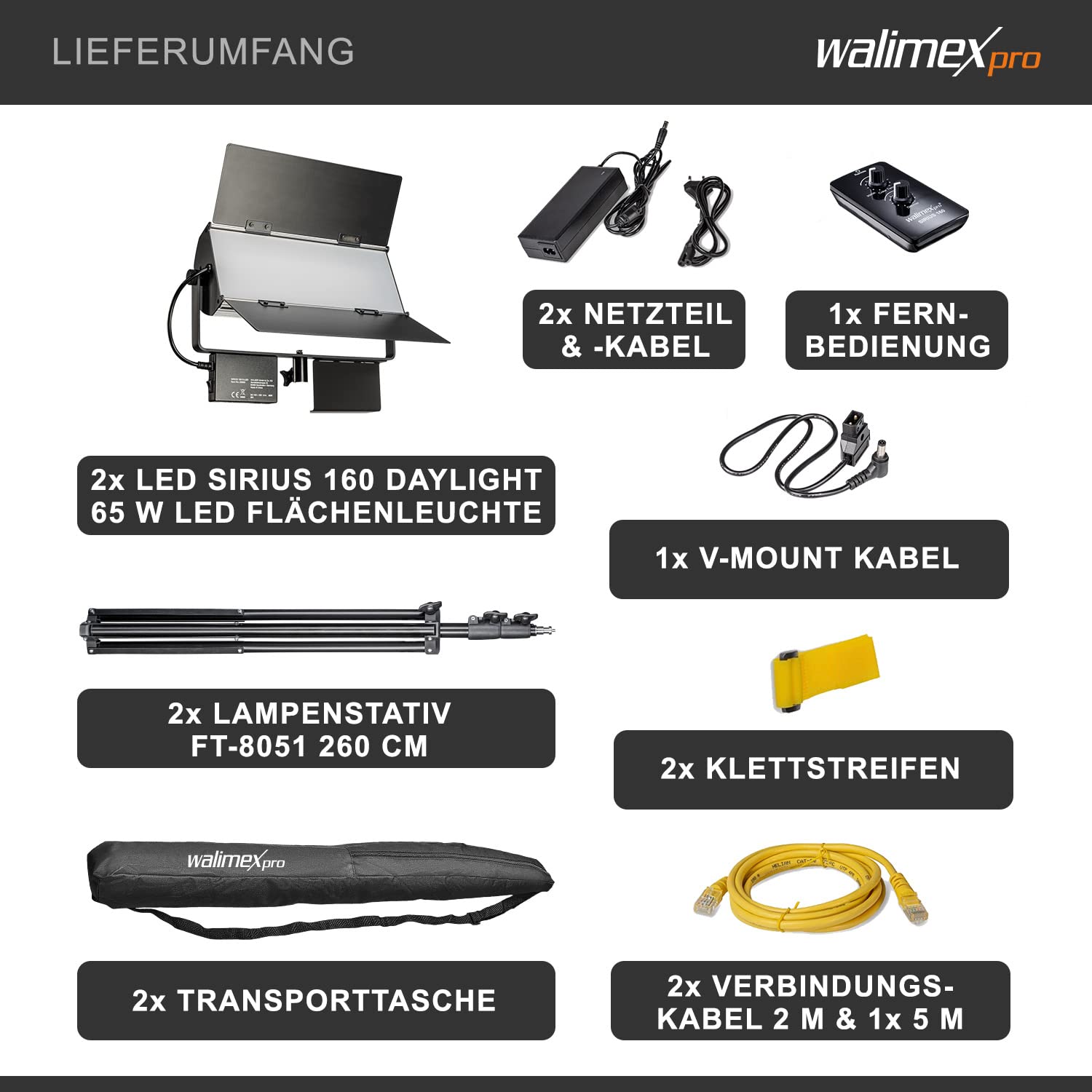 Walimex pro LED Sirius 160 Daylight juego de 2 con trípode + control remoto - 2x 65W Luz de superficie de luz diurna, luz de estudio, 2x 65 Watt 6000 lumen, 5600K, regulable, con control remoto