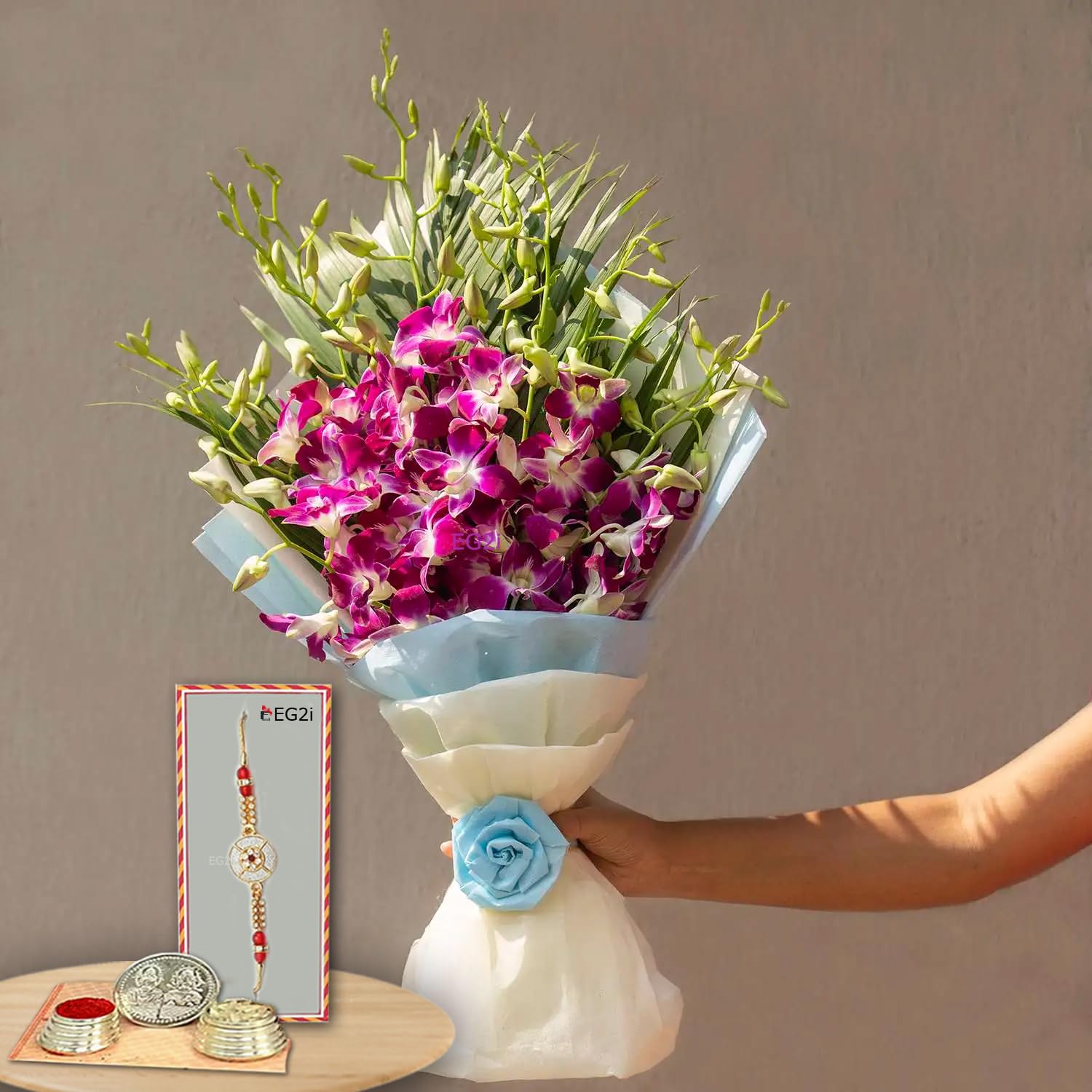 EG2i Fresh 6 Purple Rose Flower Bouquet With Roli, Chawal, 1 Rakhi Pc & Gift Wrapping | Special Bunch for Rakhi Festival, Brother & Sister Gift | Real Bookey Flowers Raksha Bandhan | Same Day Delivery-image-35
