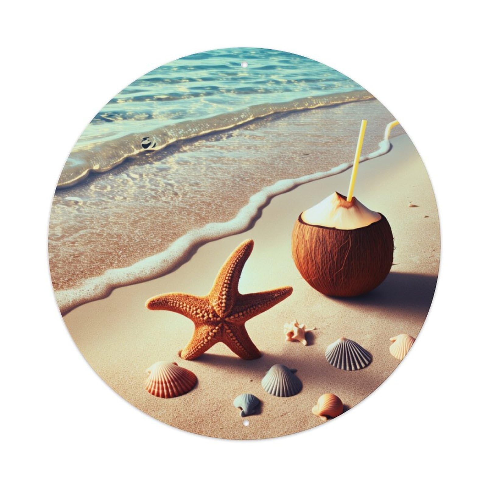 Beach Coconut Starfish Seashells Waves Round Tin Sign Vintage Metal Poster, Home Bar Garage Man Cave Cafe Indoor & Outdoor Wall Decoration 8x8Inches