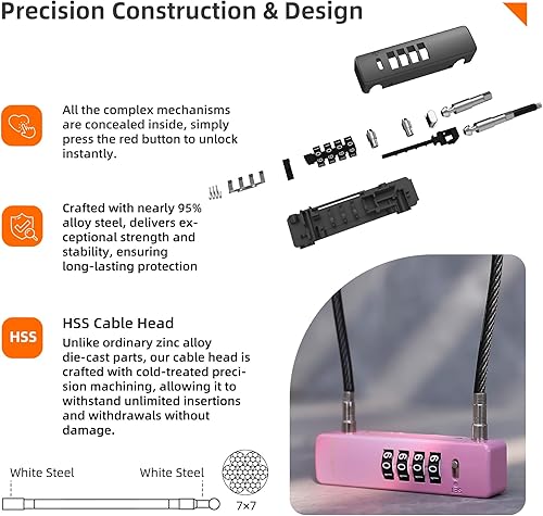Miniatura 4 de Candado combinado de cable, candados de combinación de 4 dígitos para exteriores, puerta de cerca, maleta de viaje, cerradura en U de cable delgado