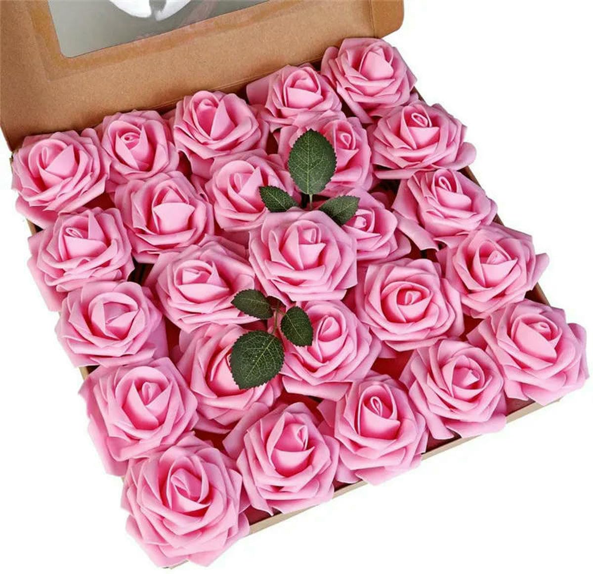 AYHTUD 10~100pcs Rose Artificial Flowers Foam Fake Roses Wedding Bouquets Centerpieces Mothers Day Valentines Party Decoration-Pink-25pcs no box leaves