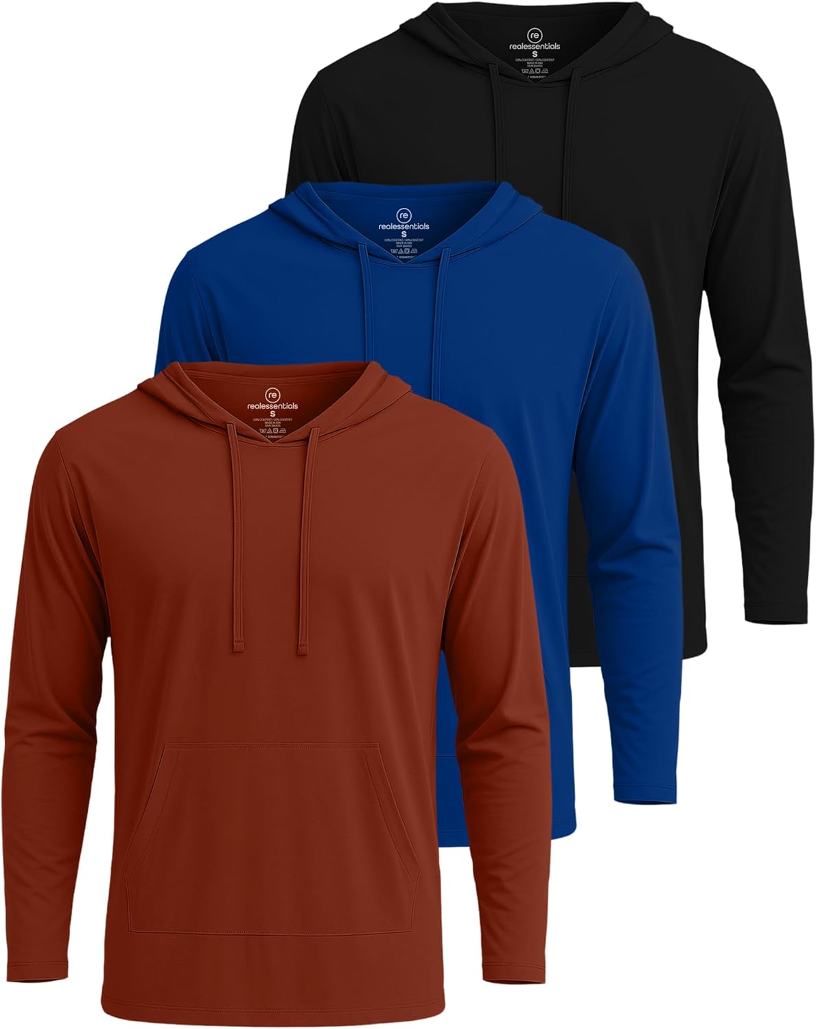 Real Essentials 3 Pack: Men's Cotton Lightweight Casual Pullover Drawstring Hoodie With Pocket (Available In Big & Tall)