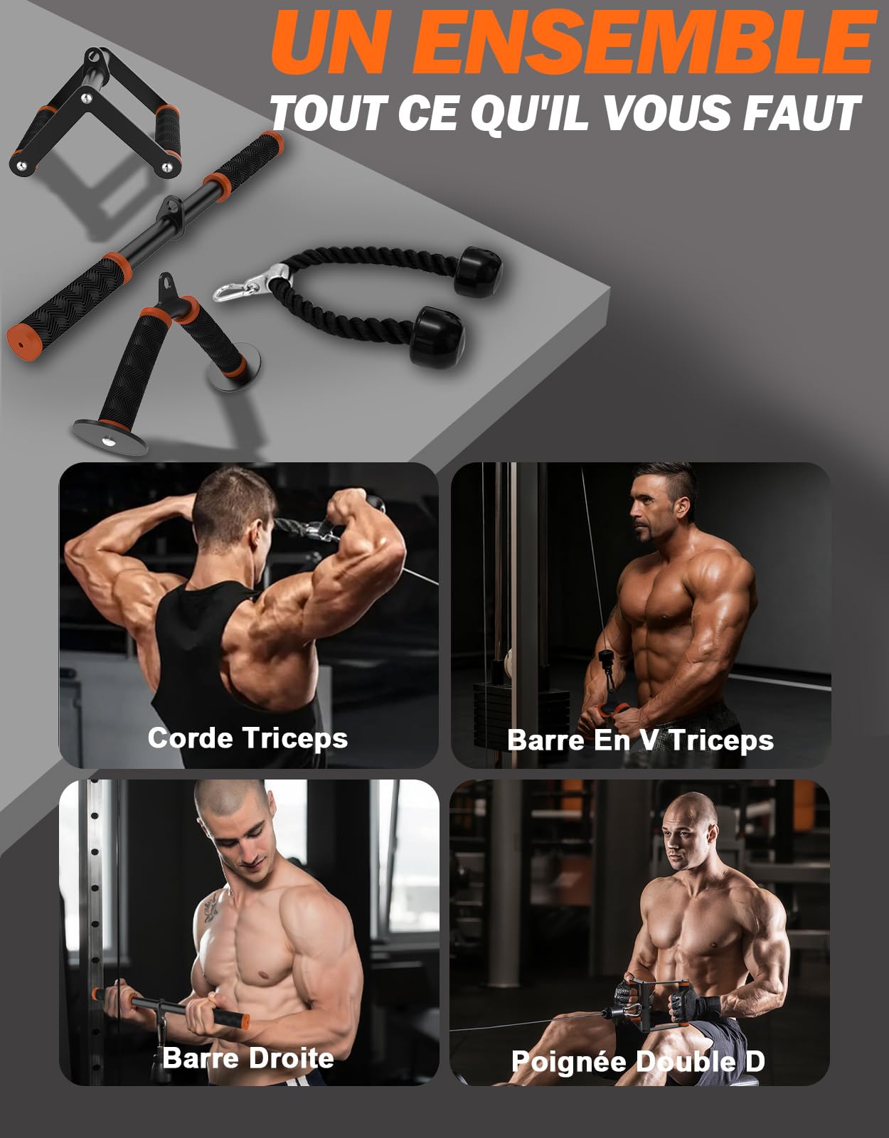 Set d'accessoires pour machine à câbles Fitarc pour salle de sport et entraînements à domicile, accessoires de traction LAT avec prises antidérapantes, orange