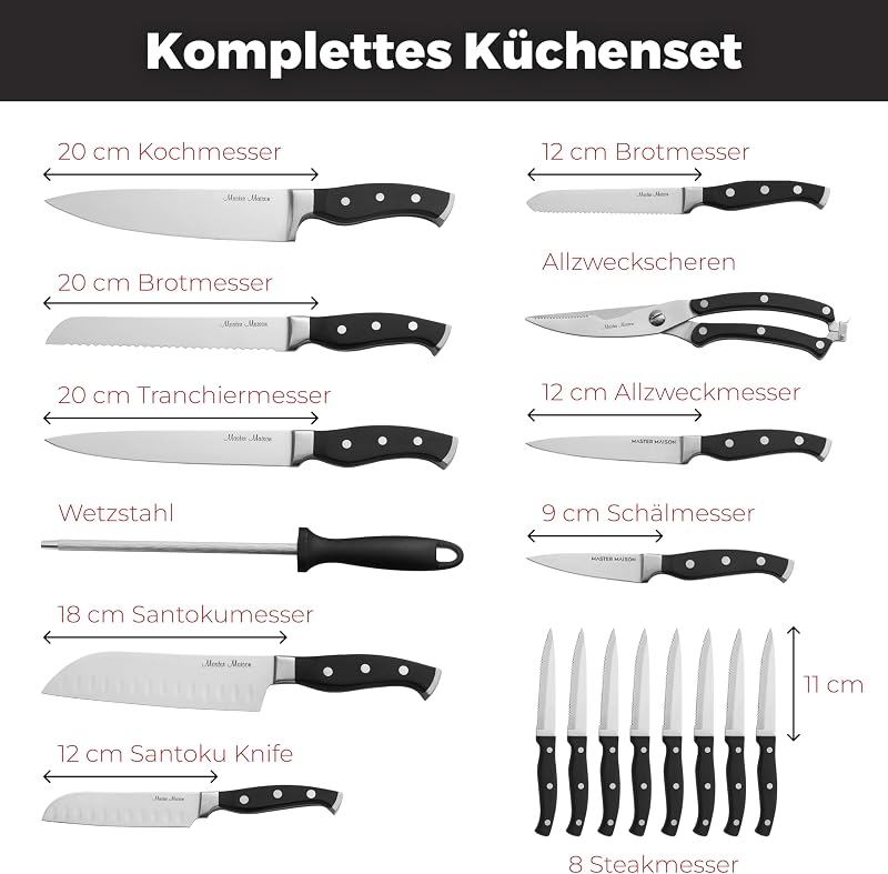 Master Maison 19 részes konyhai kés szett német rozsdamentes acélból, fa talppal és kés élezővel