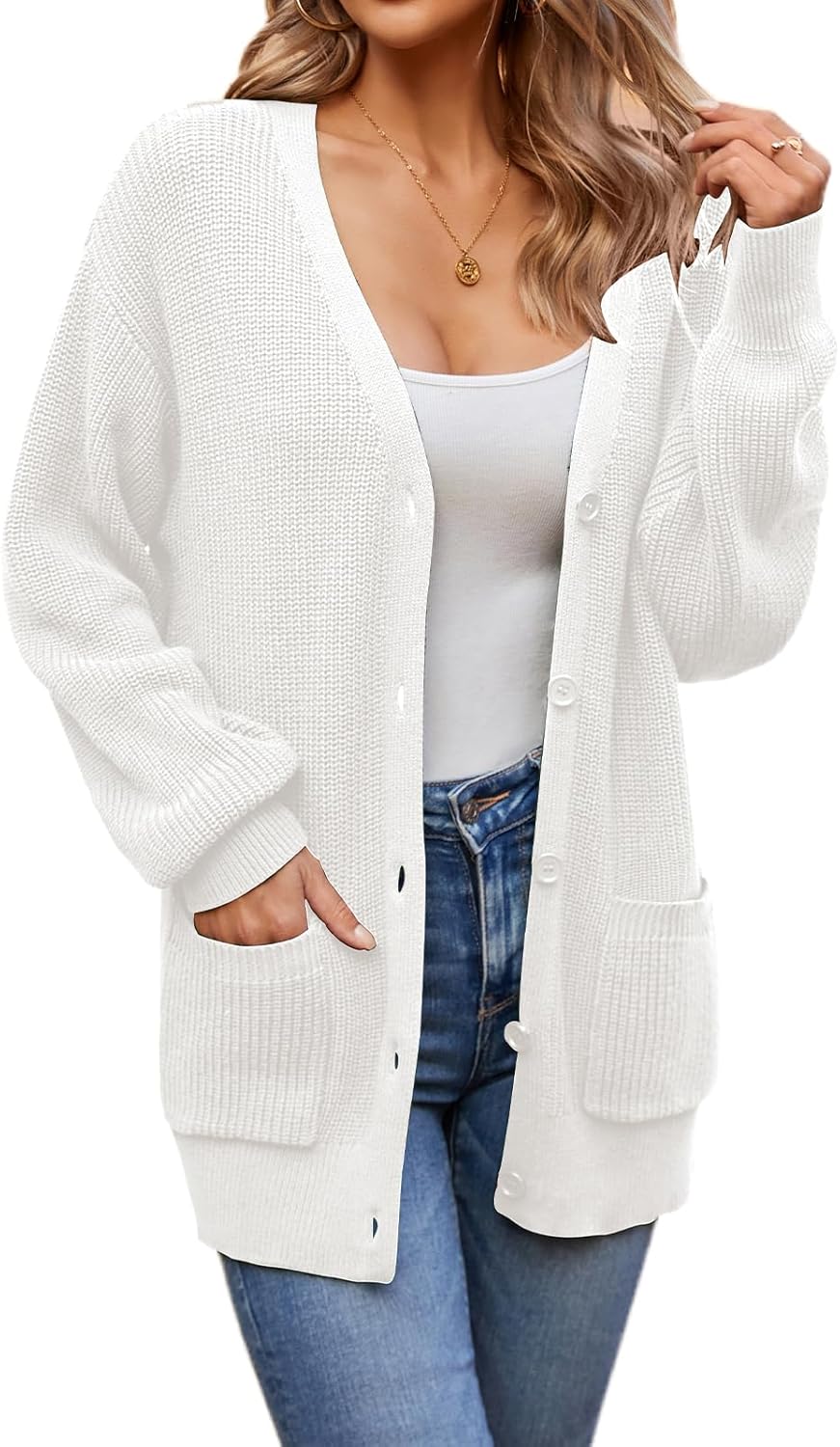 QUALFORT Women’s 100% Cotton Knit Cardigan Sweater – Oversized Fit, Button-Down Open Front, with Pockets