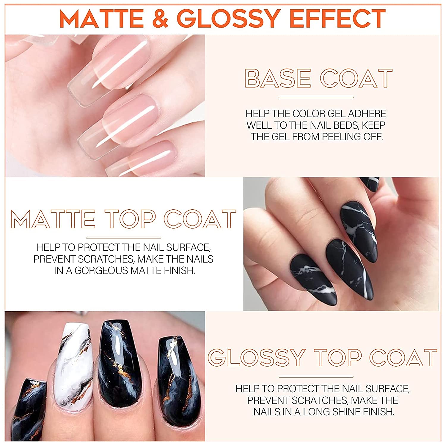 Modelones Gel Top Coat and Base Coat, 3Pcs Gel Nail Polish No Wipe 7ml Matte Gel Top Coat and Glossy Top Coat Base Coat Set Soak off Upgraded Formula Long Lasting for Home DIY and Nail Salon