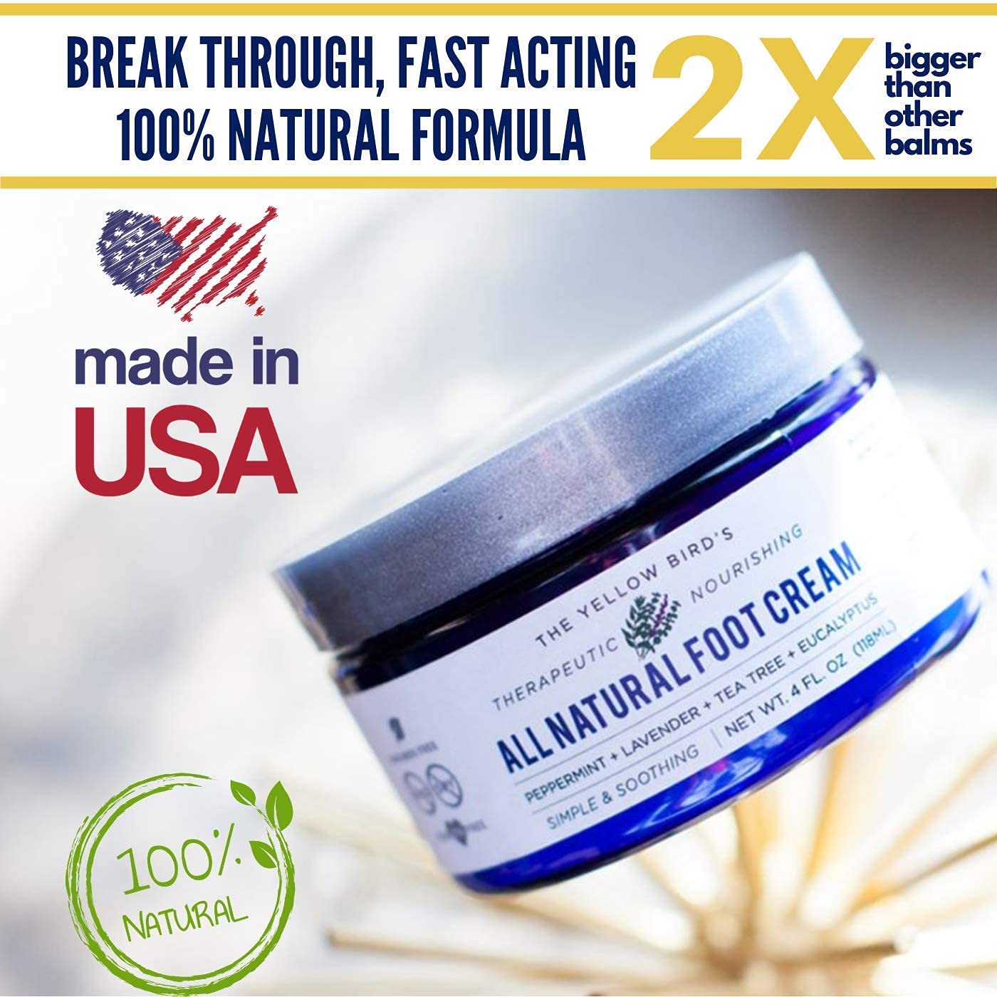 The Yellow Bird Natural Foot Cream - Dry Feet Balm , Cracked Heel Moisturizer, Organic Athletes Foot Repair Salve with Tea Tree Oil & Peppermint. Moisturizing Callus Care, Toenail Treatment Creme : Beauty & Personal Care