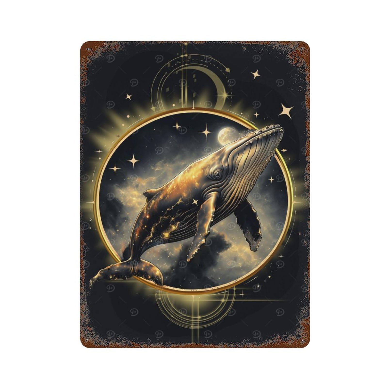 Aged Metal Wall Plaque with Cosmic Whale Design 15.7"x11.8", for Cafe, Home Bar And Lounge Decor, Novelty Wall Decor