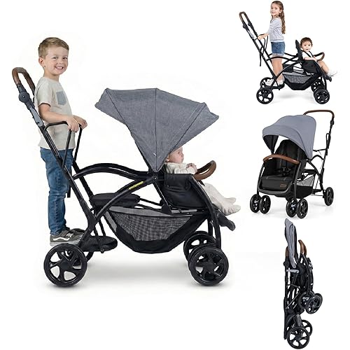 INFANS Sit and Stand Double Stroller, Foldable Tandem with Standing Platform Reclining Backrest, Adjustable Handlebar and Footrest, Storage Basket 5-Point Harnesses, Baby Pushchair for Toddlers