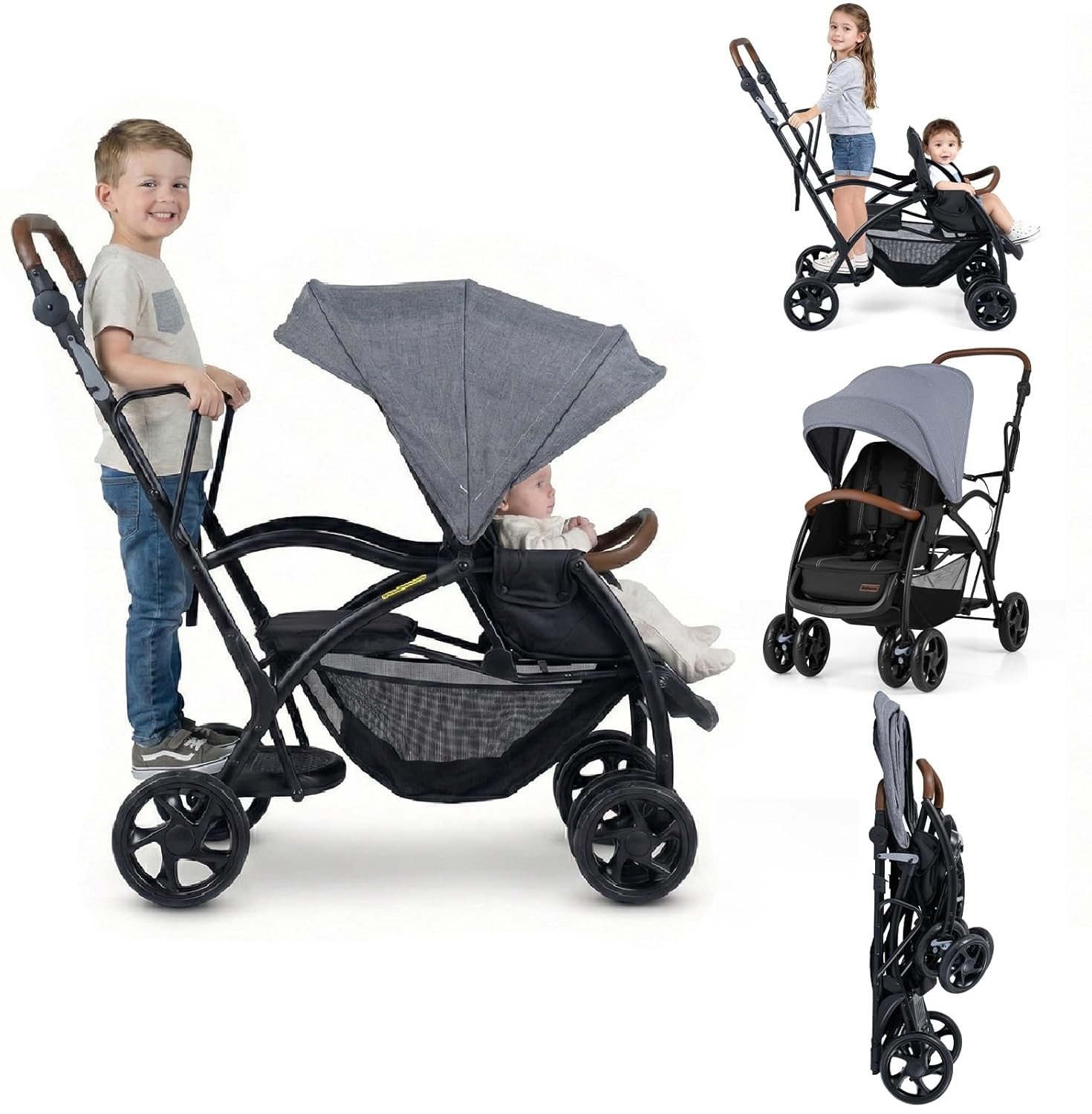 INFANS Sit and Stand Double Stroller, Foldable Tandem with Standing Platform Reclining Backrest, Adjustable Handlebar and Footrest, Storage Basket 5-Point Harnesses, Baby Pushchair for Toddlers